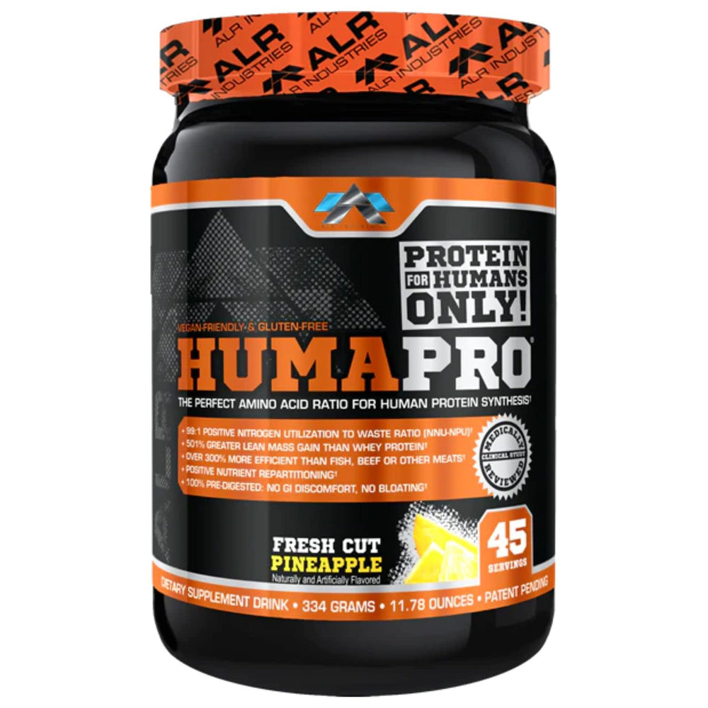 ALR Industries Humapro pineapple bottle closeup highlighting vegan amino acid matrix for lean muscle