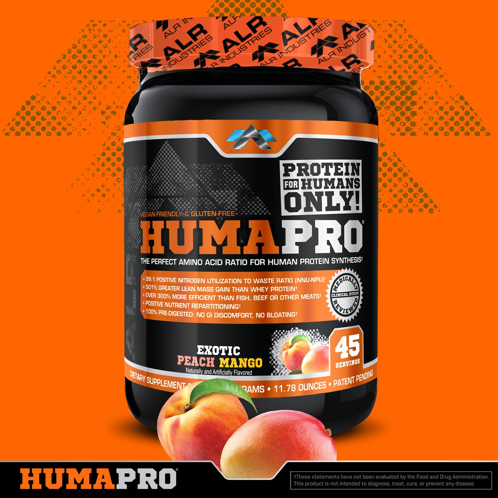Compact Humapro tub highlighting vegan and gluten-free protein options.