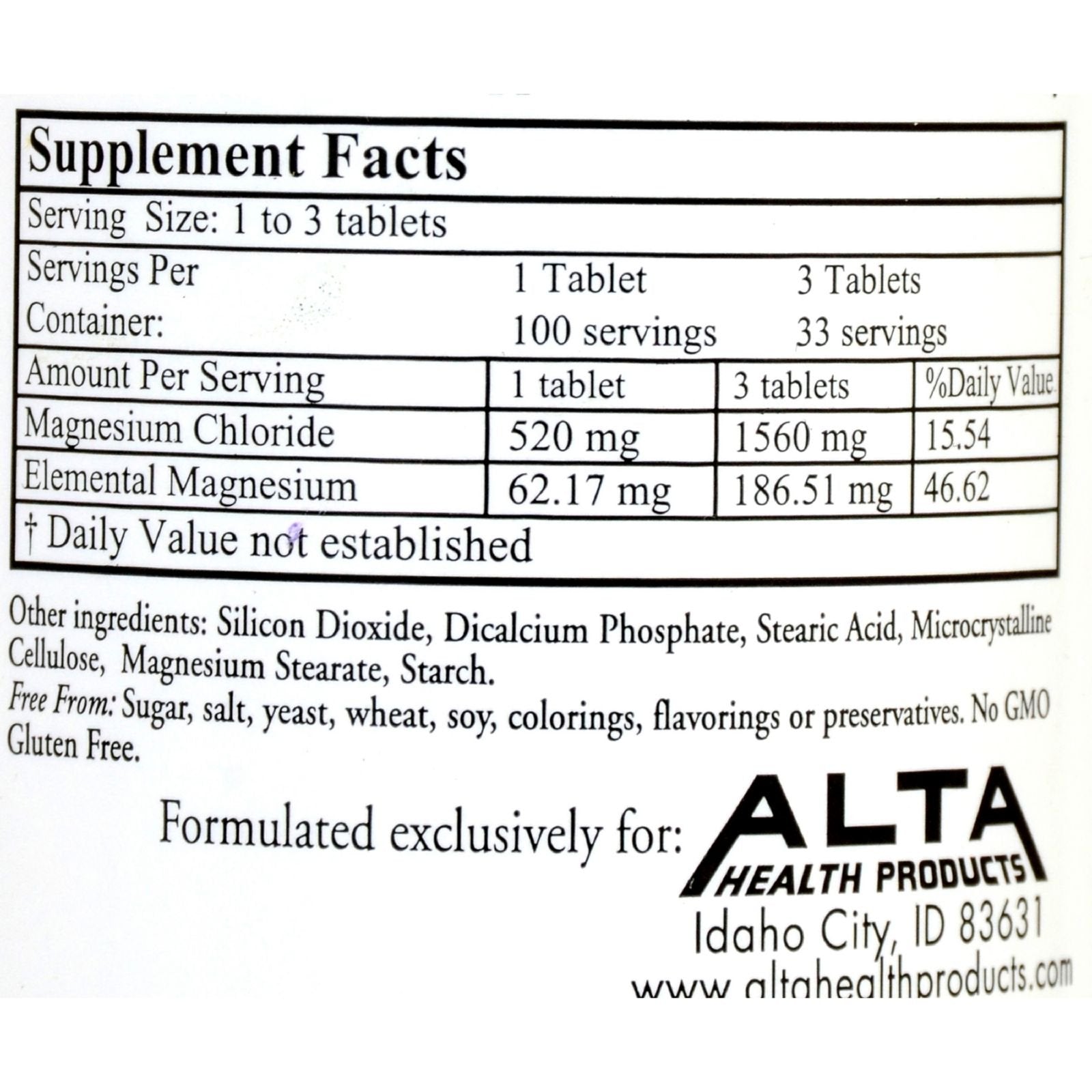 Alta Health Magnesium Chloride Tablets label highlights readily absorbed mineral for muscle and nerve health