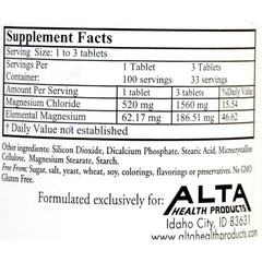 Alta Health Magnesium Chloride Tablets label highlights readily absorbed mineral for muscle and nerve health