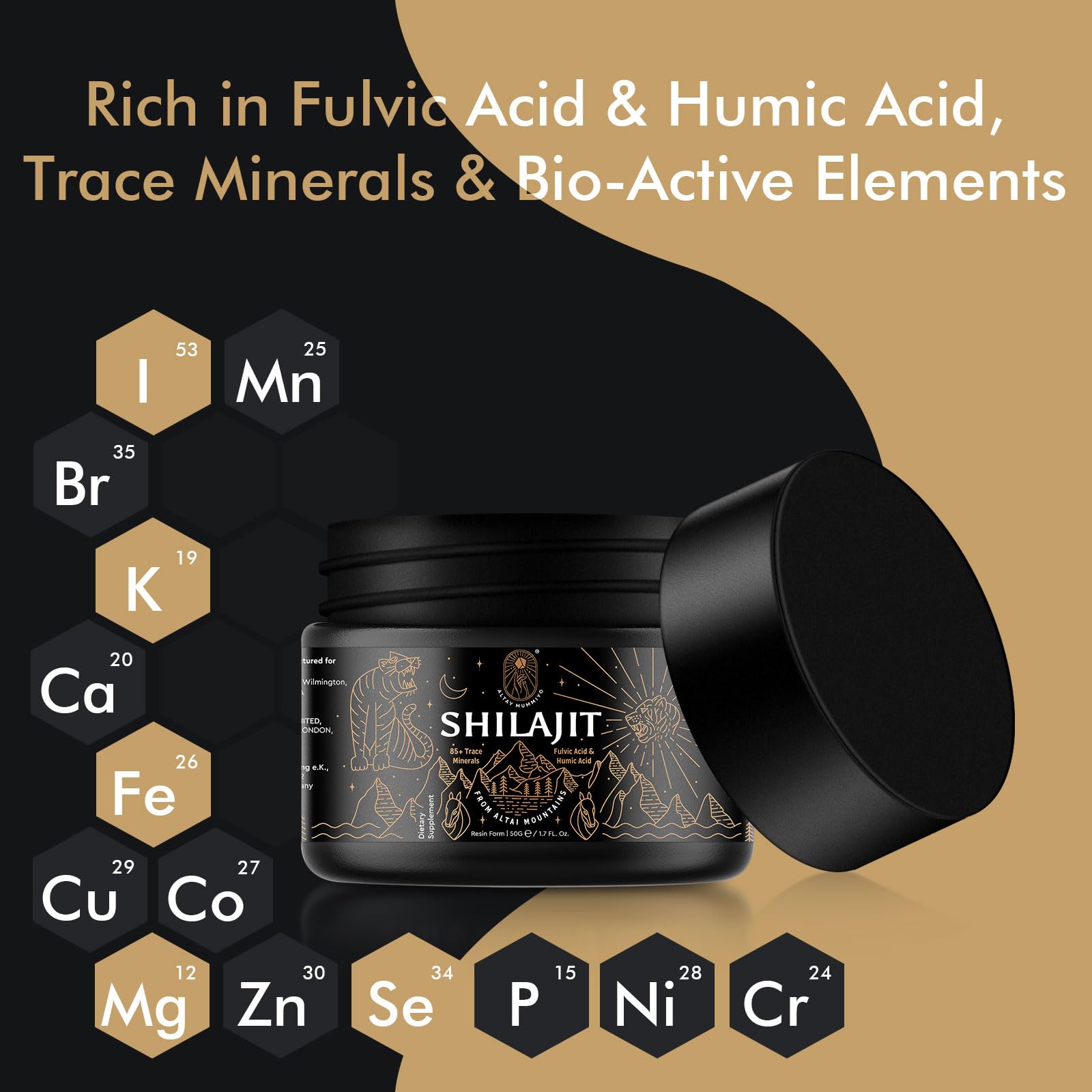 ALTAY MUMMIYO Shilajit resin featuring fulvic acid and minerals content.