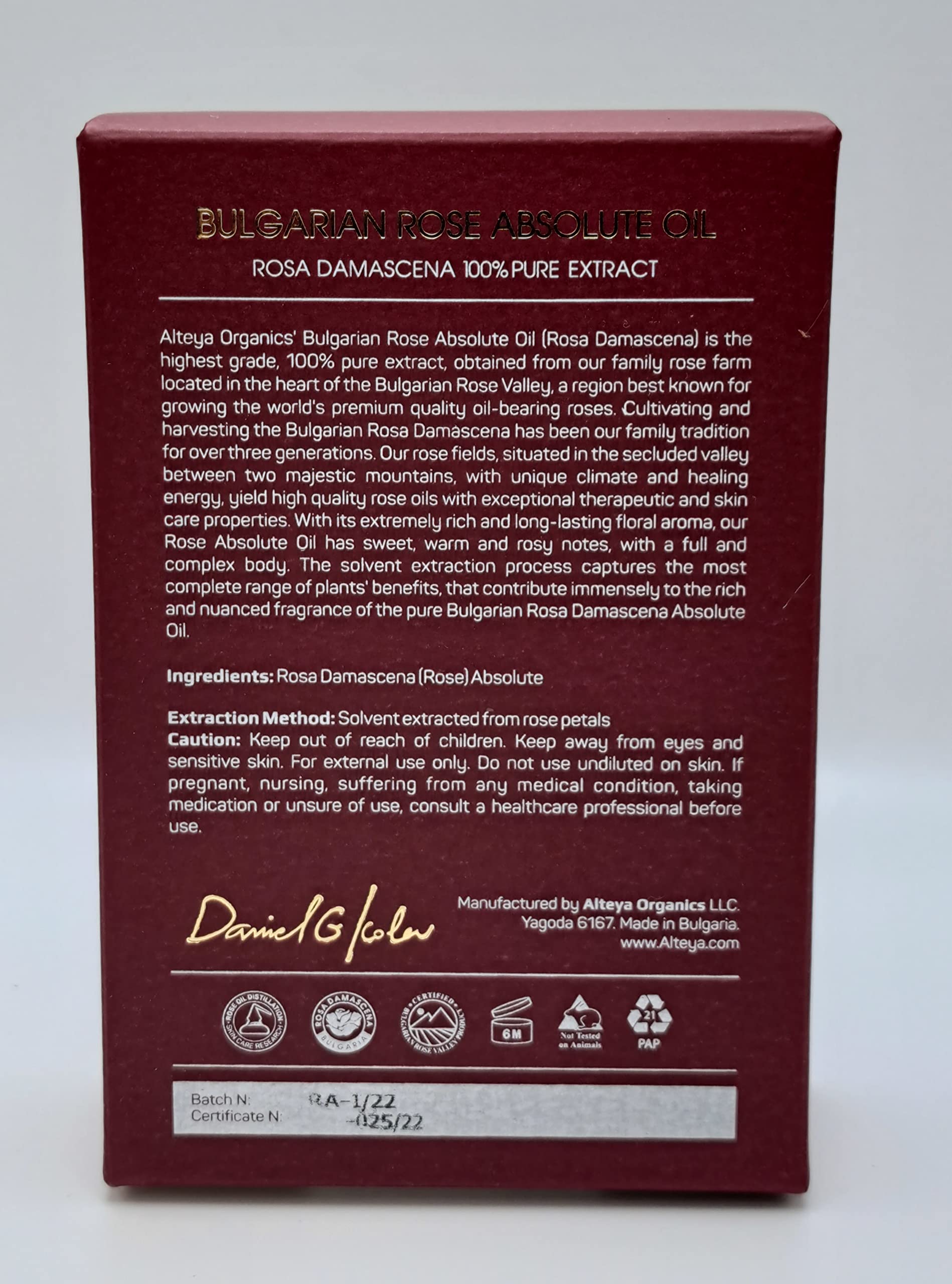 Alteya Organics lab certification reveals tested purity and traceable production.