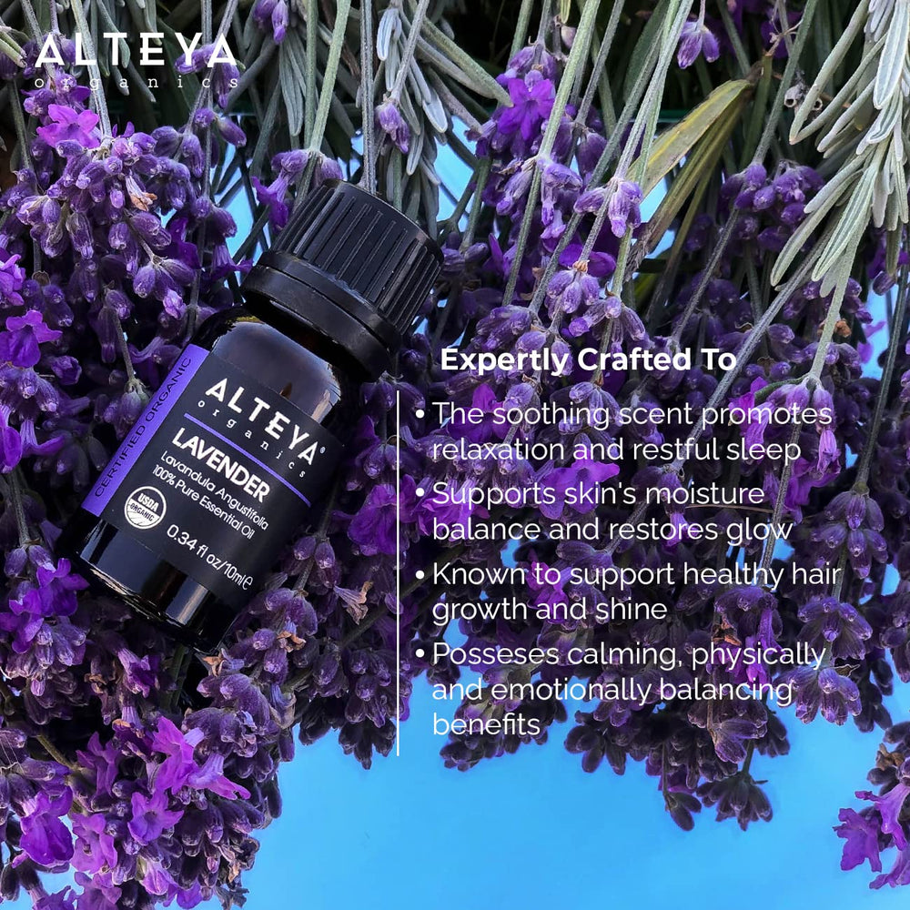 Alteya organic lavender oil label highlighting USDA Organic certification and Bulgarian origin.