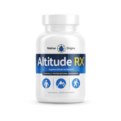 Altitude RX OxyBoost Complex bottle on a backpack for travel-friendly altitude support.