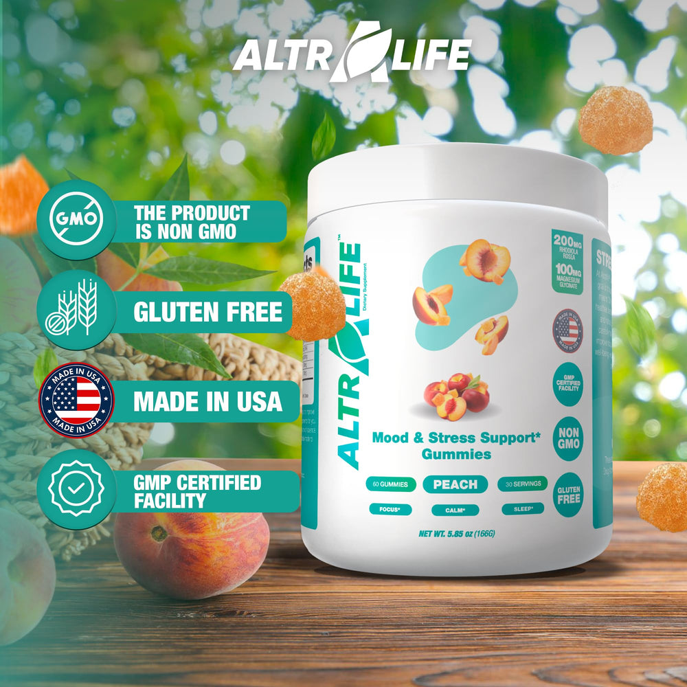 ALTRALIFE label highlights ingredients like Rhodiola and Holy Basil for balance.