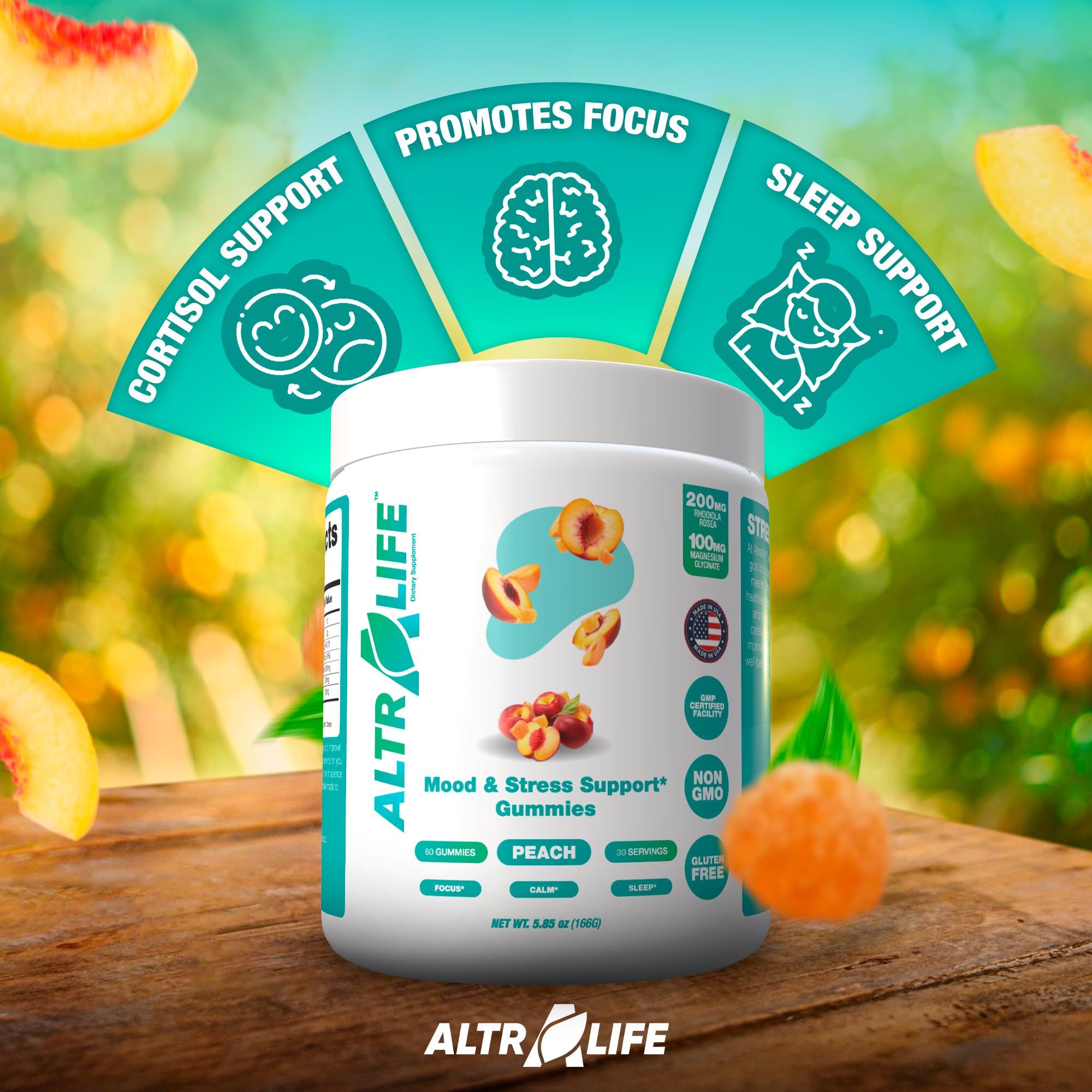 ALTRALIFE gummies placed with a sleep routine, suggesting night-time unwind support.