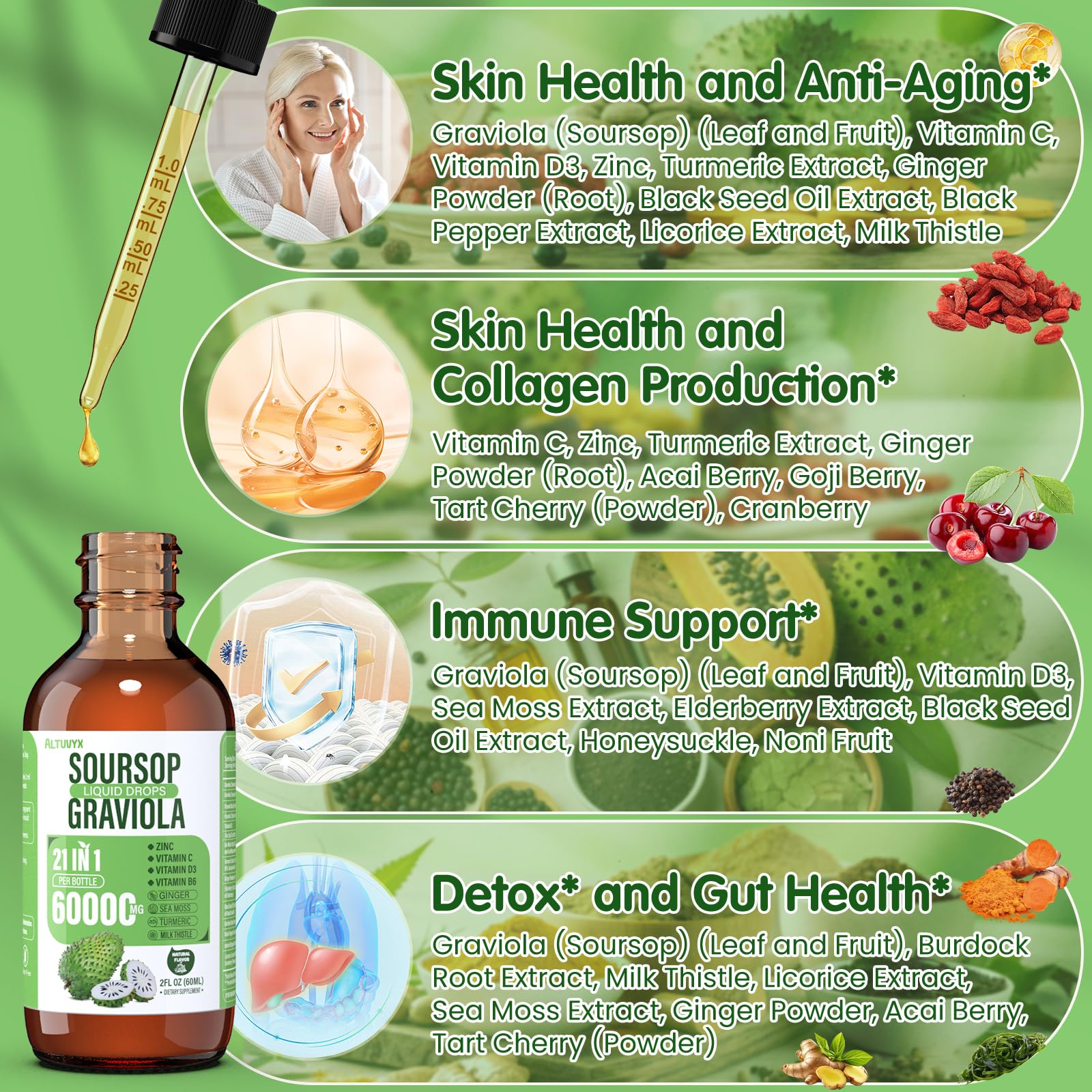 Altuvyx soursop liquid label closeup highlighting ingredients and sourcing.