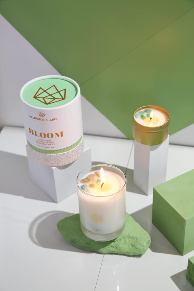 Aluminate Life Amazonite crystal infused candle elevates focus and personal discovery.