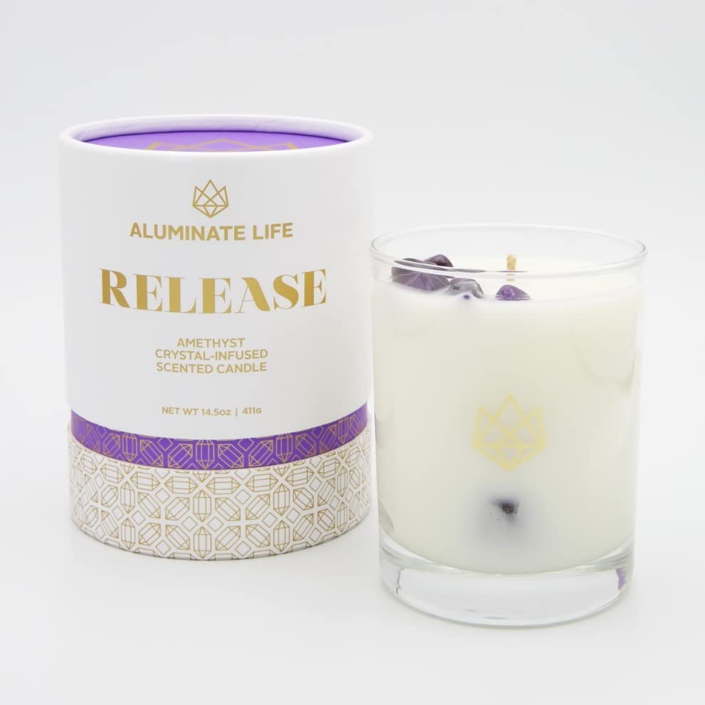 Aluminate Life Amethyst crystal infused candle enhances calming ambiance.