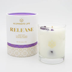 Aluminate Life Amethyst crystal infused candle enhances calming ambiance.