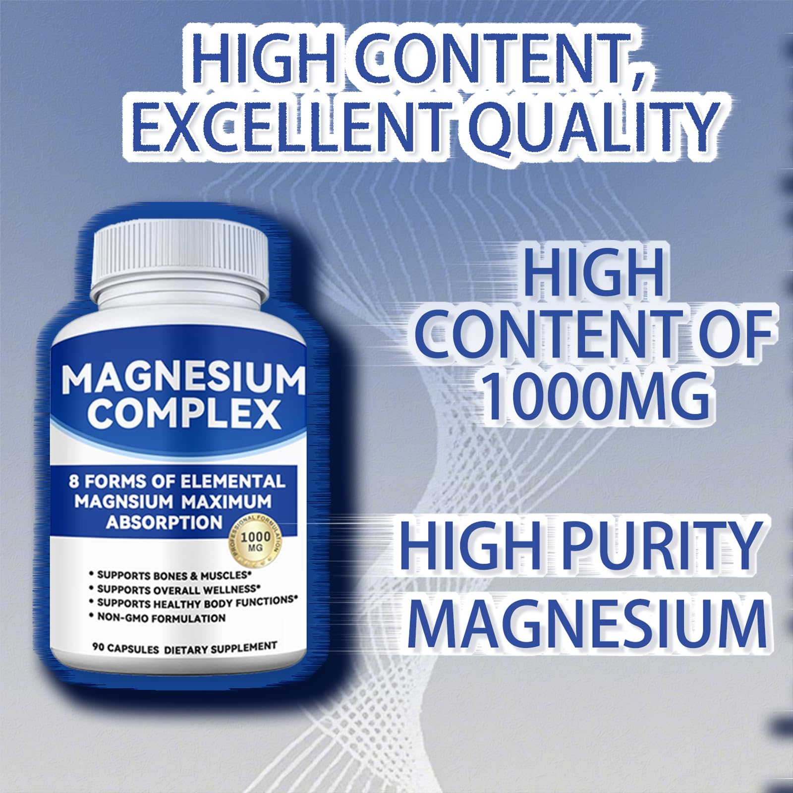 Alzclipp Magnesium Complex 1000mg bottle label highlighting vegan and non-GMO ingredients.