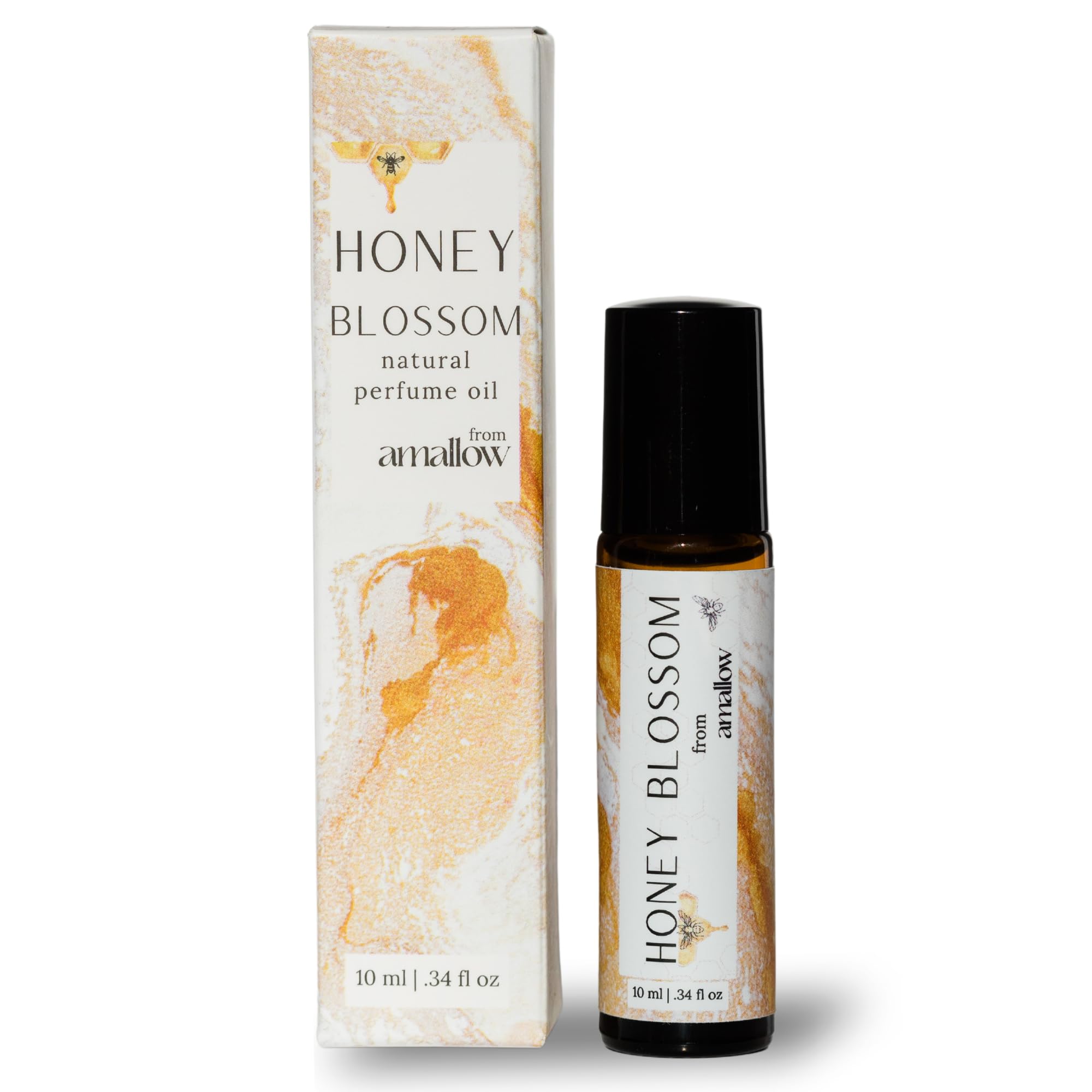 Amallow Honey Blossom packaging highlights organic oils and a non-toxic formula.