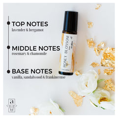 Close-up of Amallow Honey Blossom bottle with natural essential oil labels.