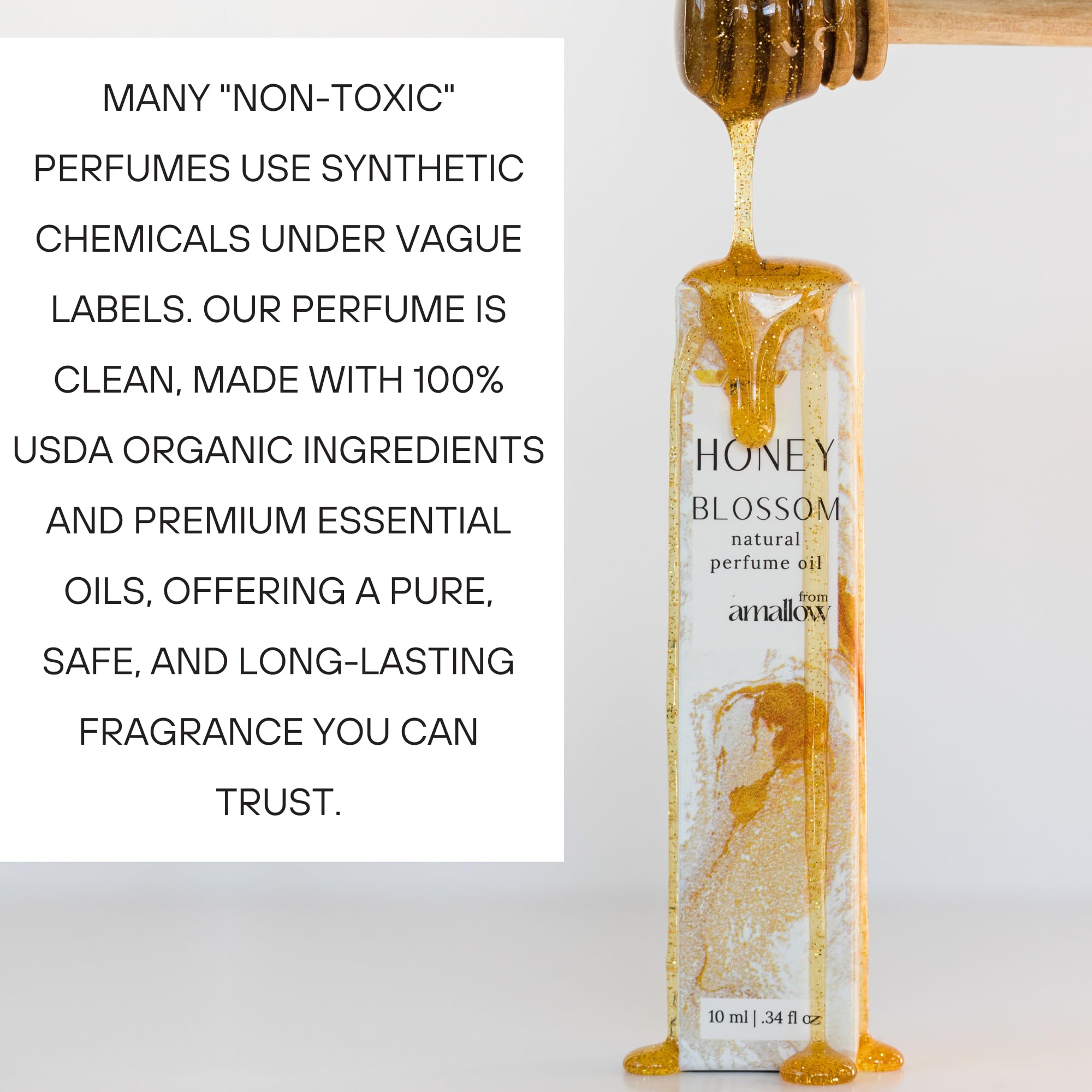 Amallow Honey Blossom label emphasizes organic ingredients and skin-friendly use.