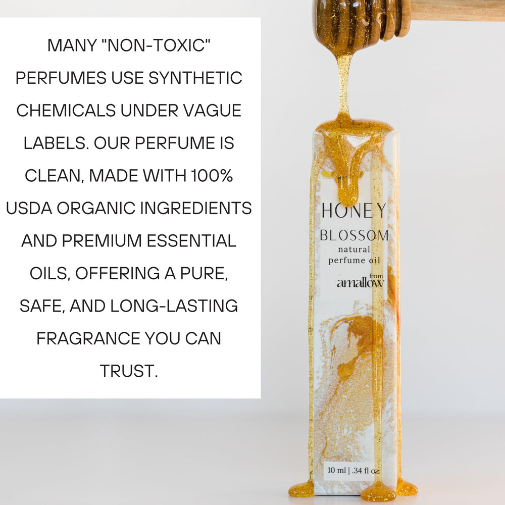 Amallow Honey Blossom label emphasizes organic ingredients and skin-friendly use.