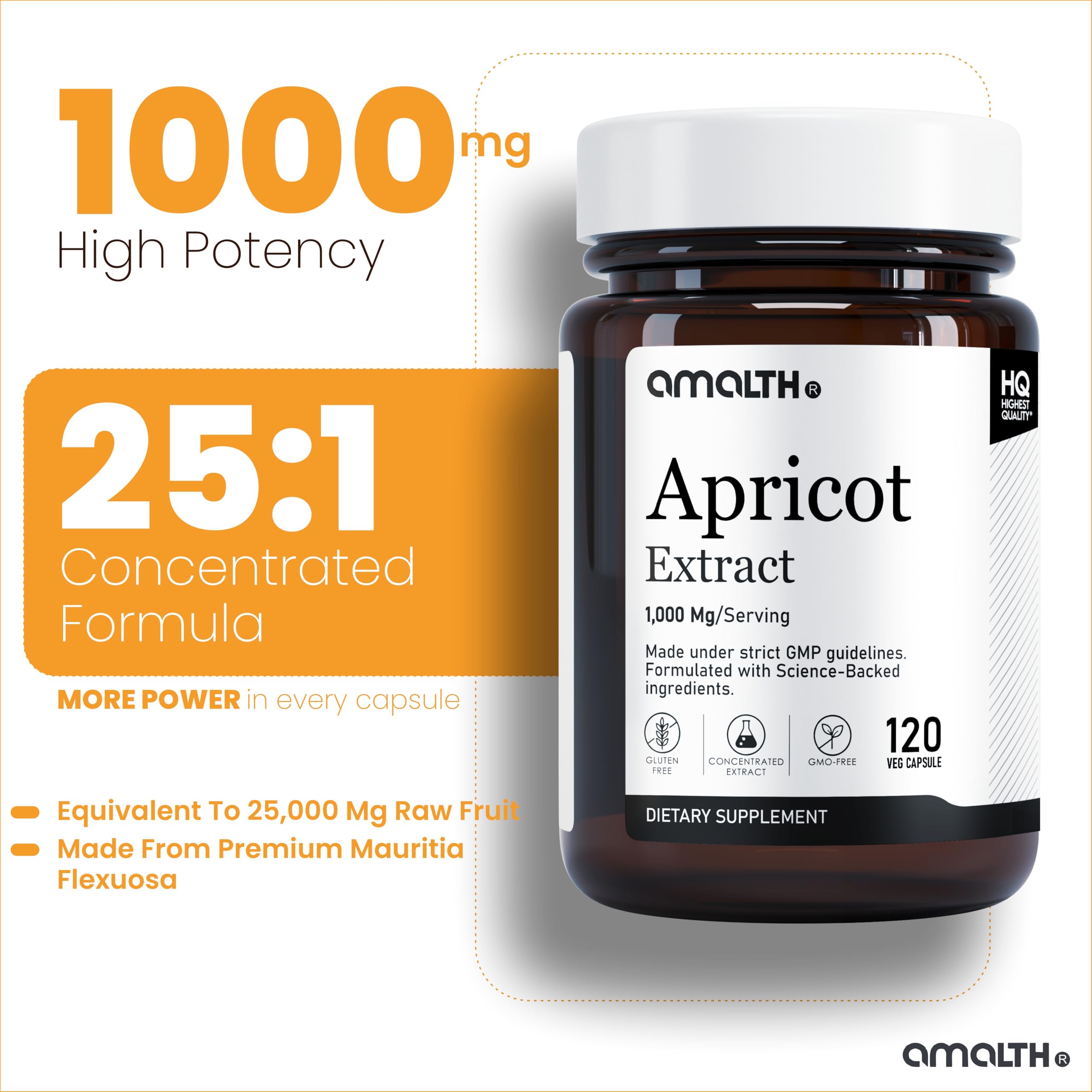 AMALTH Apricot Extract capsules close-up highlighting vegan, non-GMO formula
