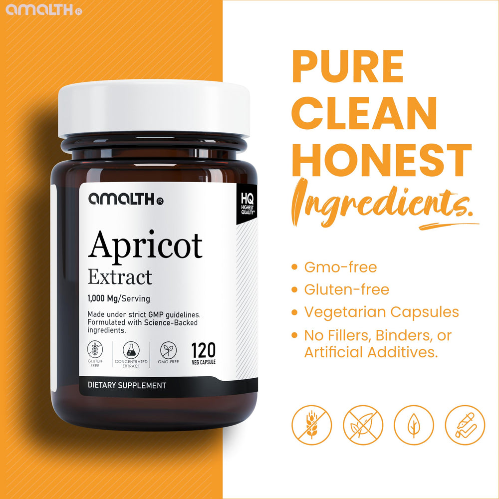 AMALTH Apricot Extract packaging hints at USA-made production and third-party testing