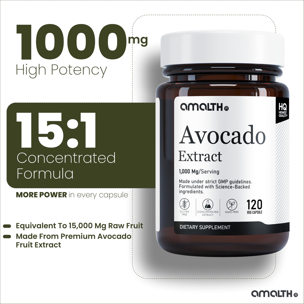 AMALTH avocado capsules on white background suggesting daily digestive health support