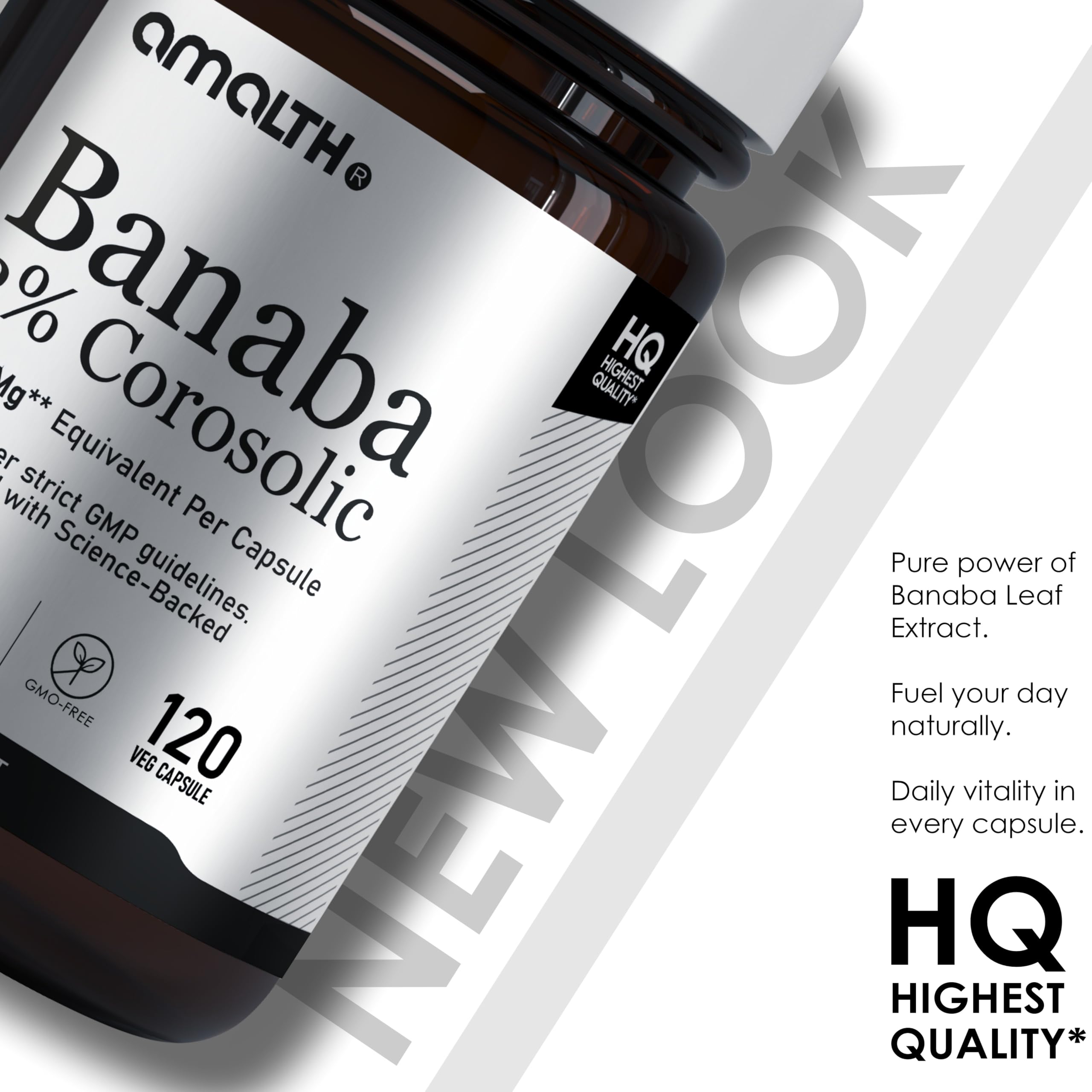 Close-up of AMALTH Banaba capsules showing concentrated extract details.