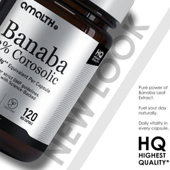 Close-up of AMALTH Banaba capsules showing concentrated extract details.