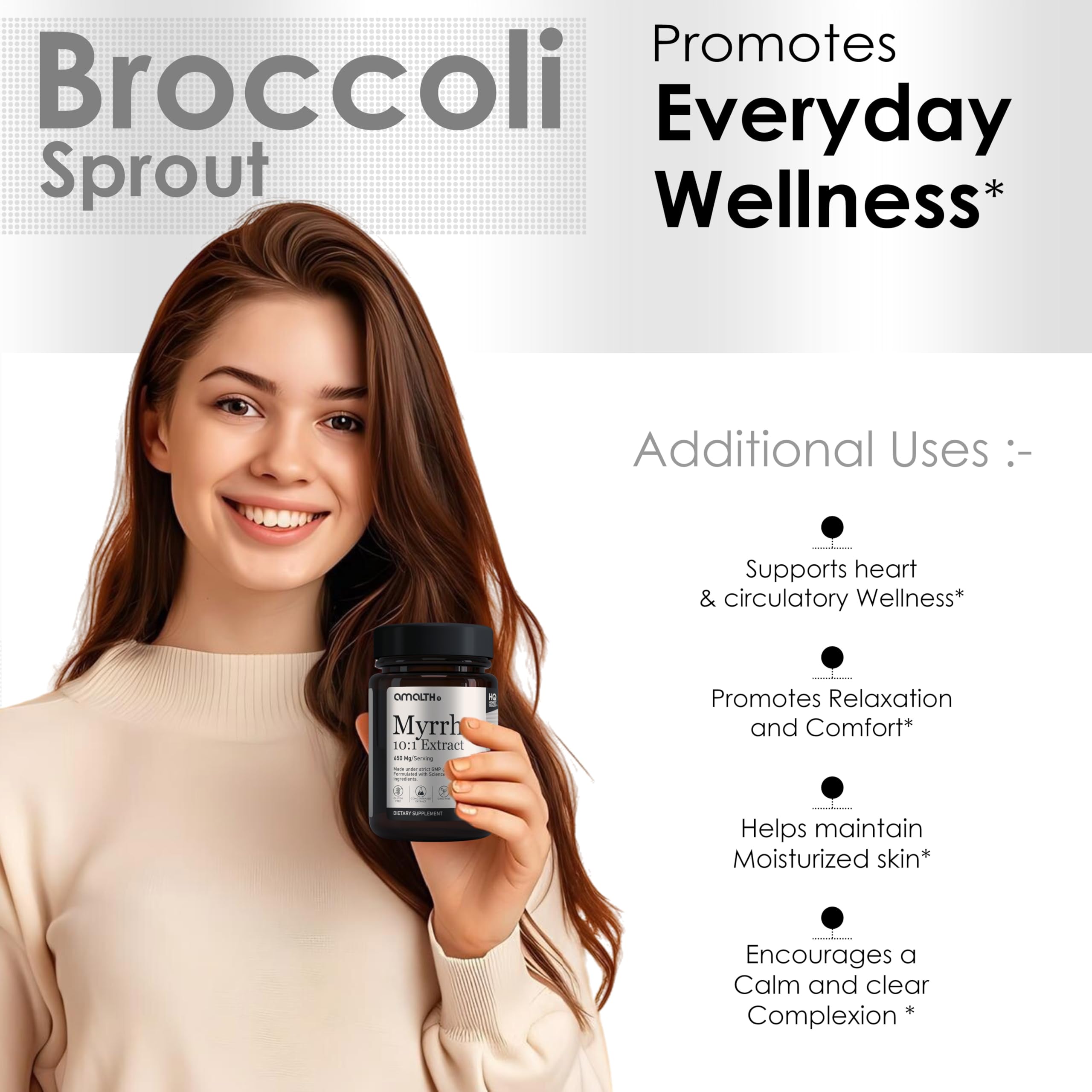 AMALTH capsule close-up shows clean vegan formula for daily supplementation.
