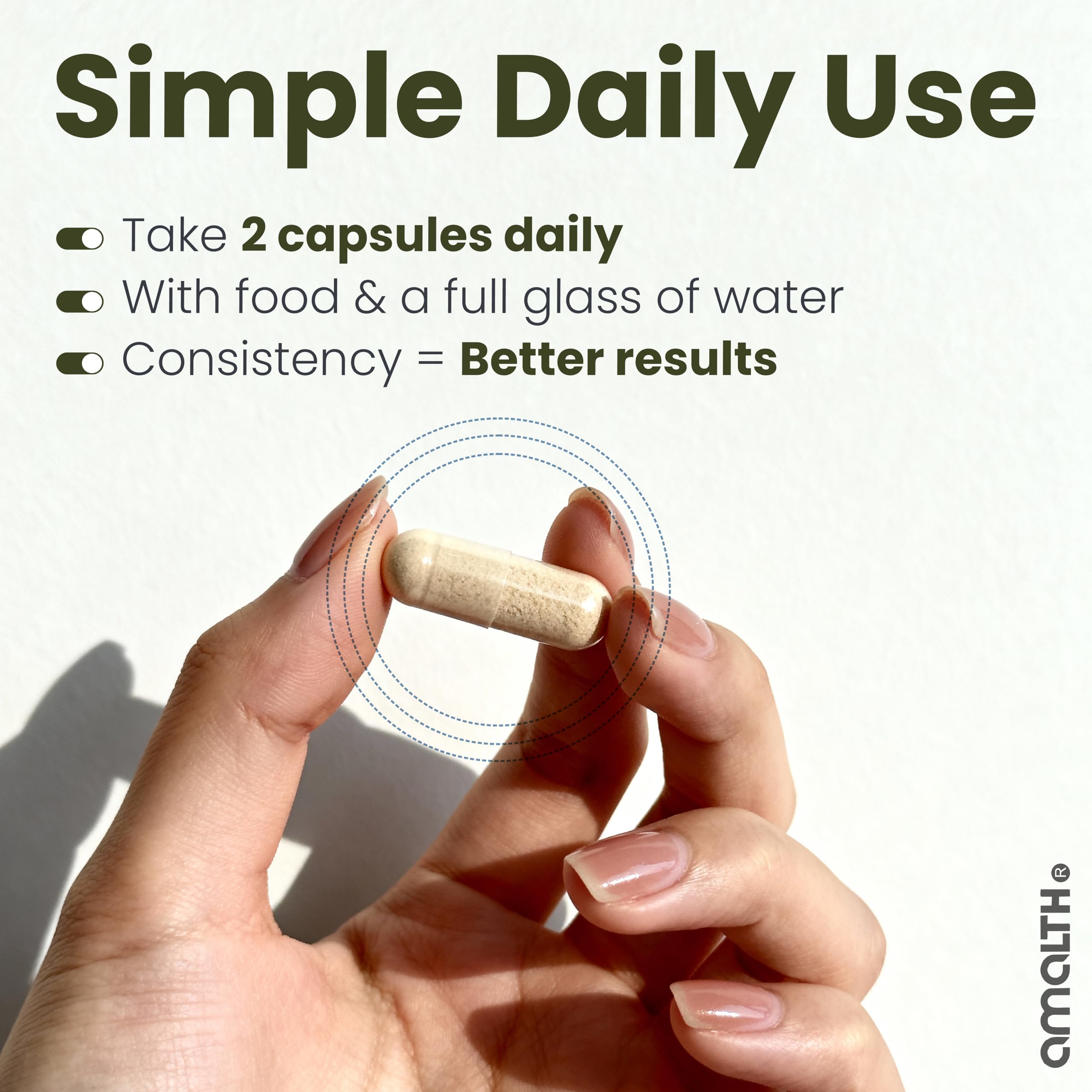 AMALTH capsules being poured to form a simple daily dosage routine