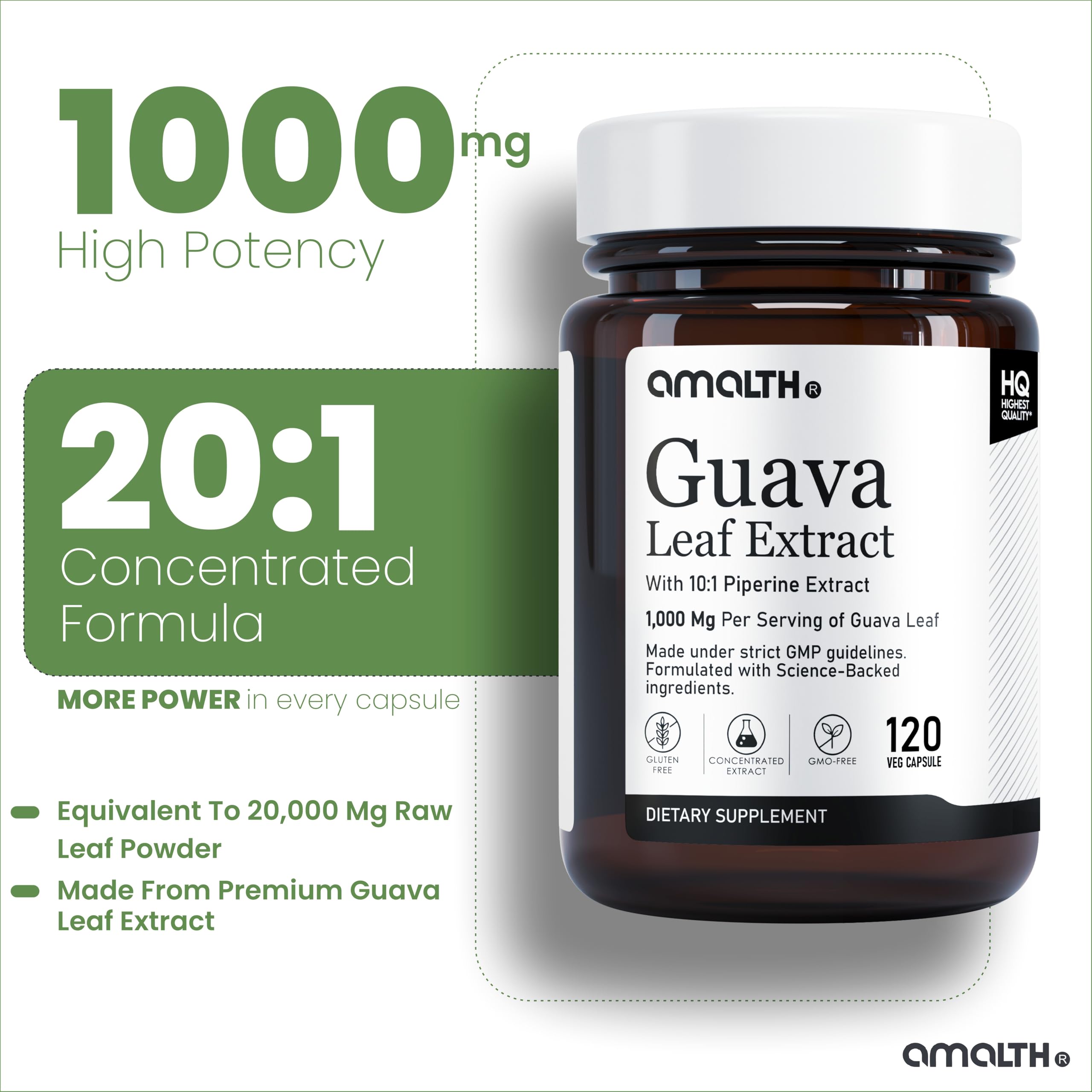 AMALTH Guava Leaf Extract label front, premium blend on display
