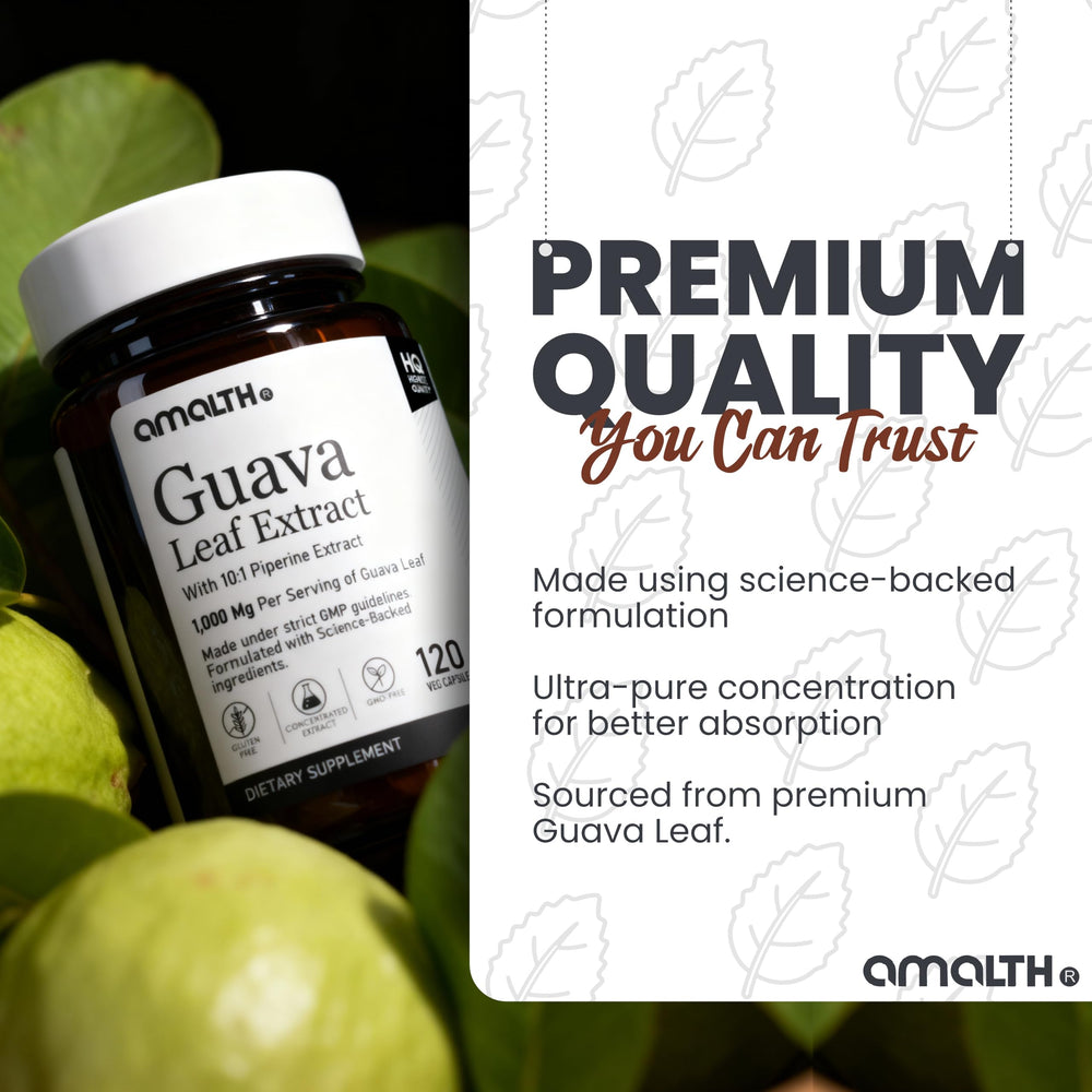 AMALTH Guava Leaf Extract packaging on table, ready for daily use