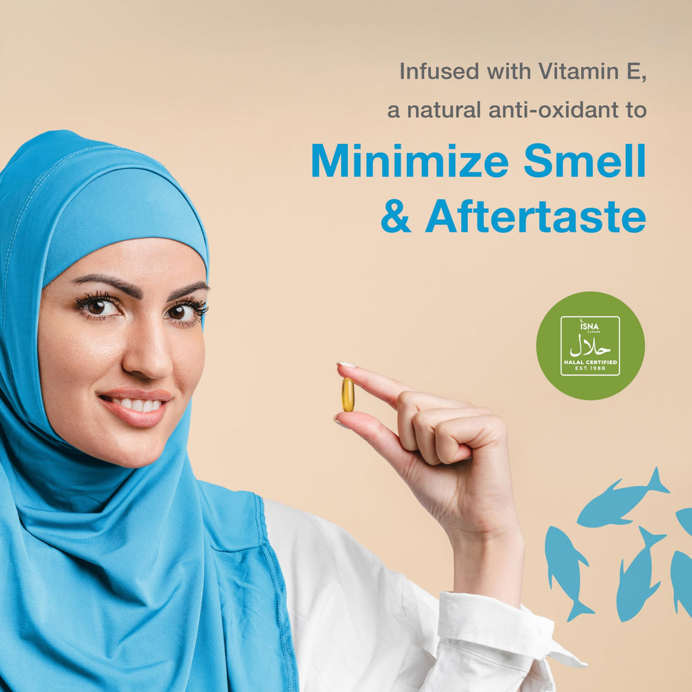 Label and purity seal on Amanah Omega-3, highlighting halal certification.