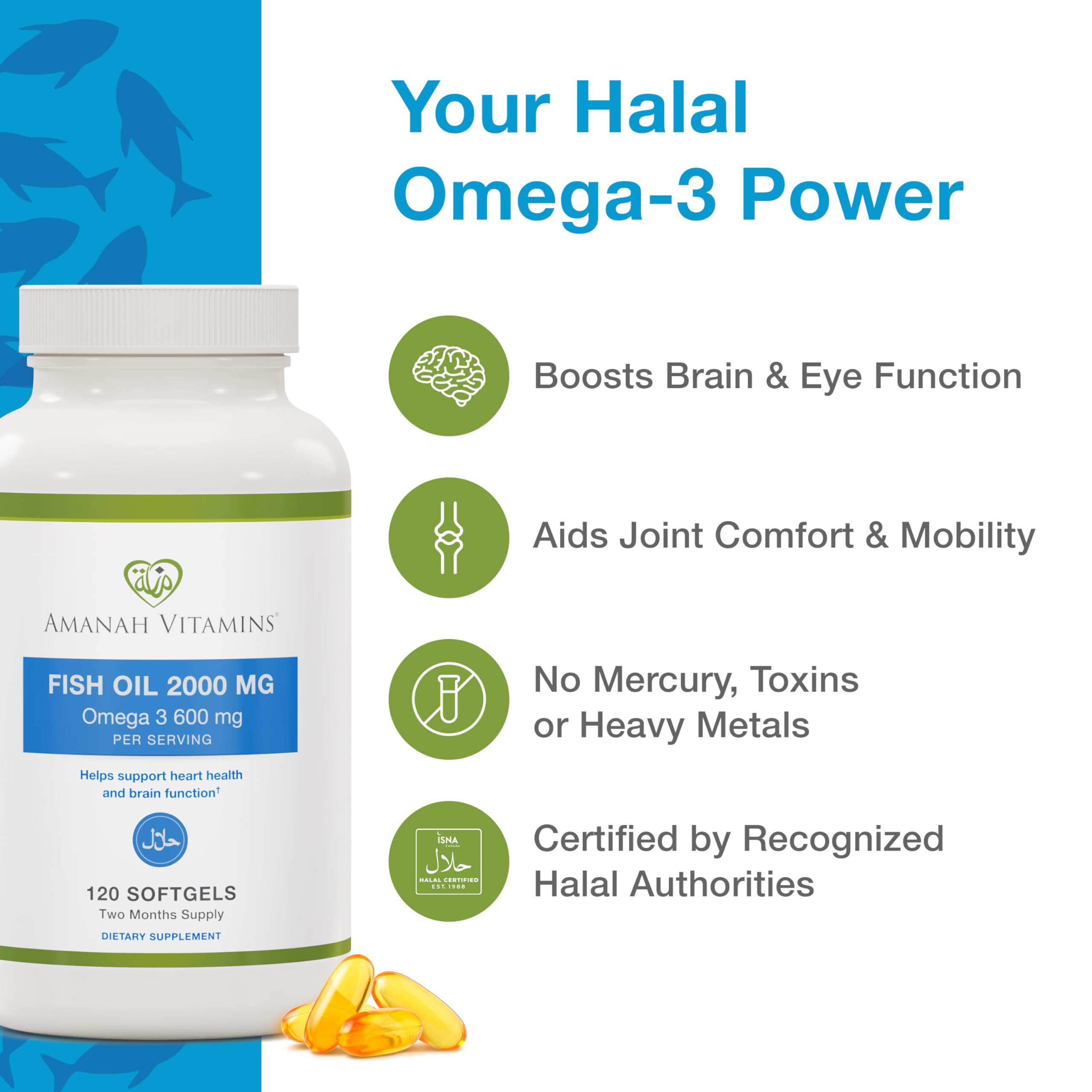 Closeup of Amanah Omega-3 softgels showing smooth capsules.