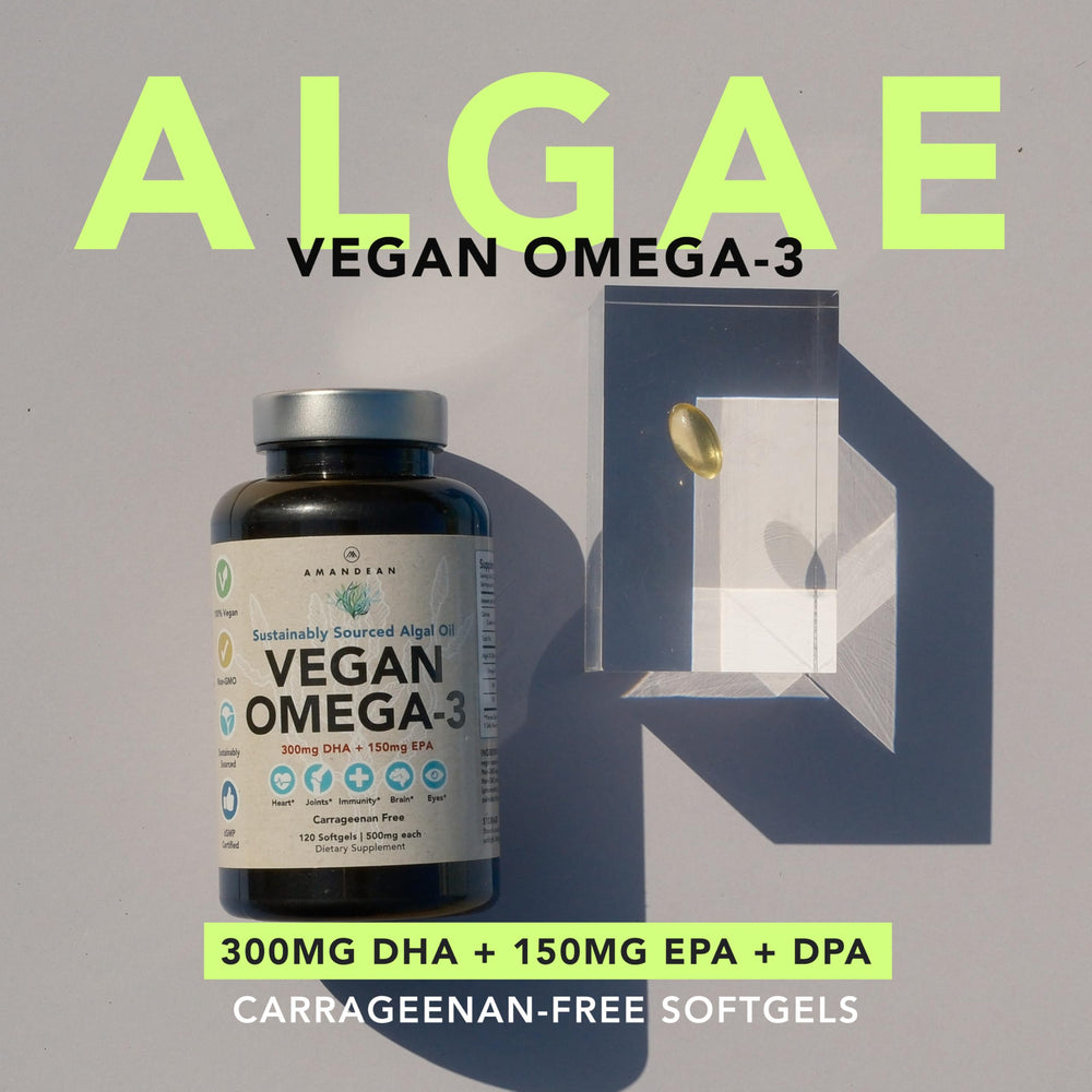 AMANDEAN algae-oil drops showing algae-derived DHA and EPA for plant-based omega-3
