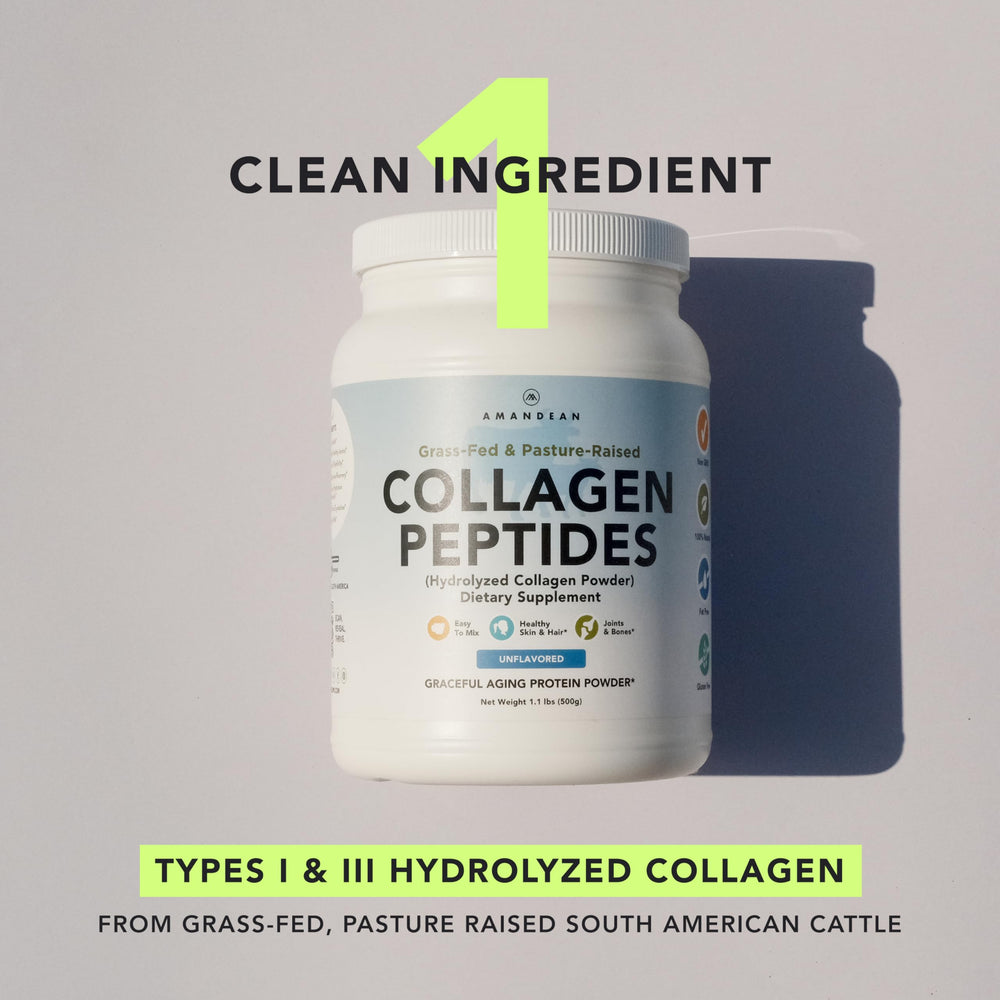 AMANDEAN Collagen label close-up shows unflavored formula and clean ingredients