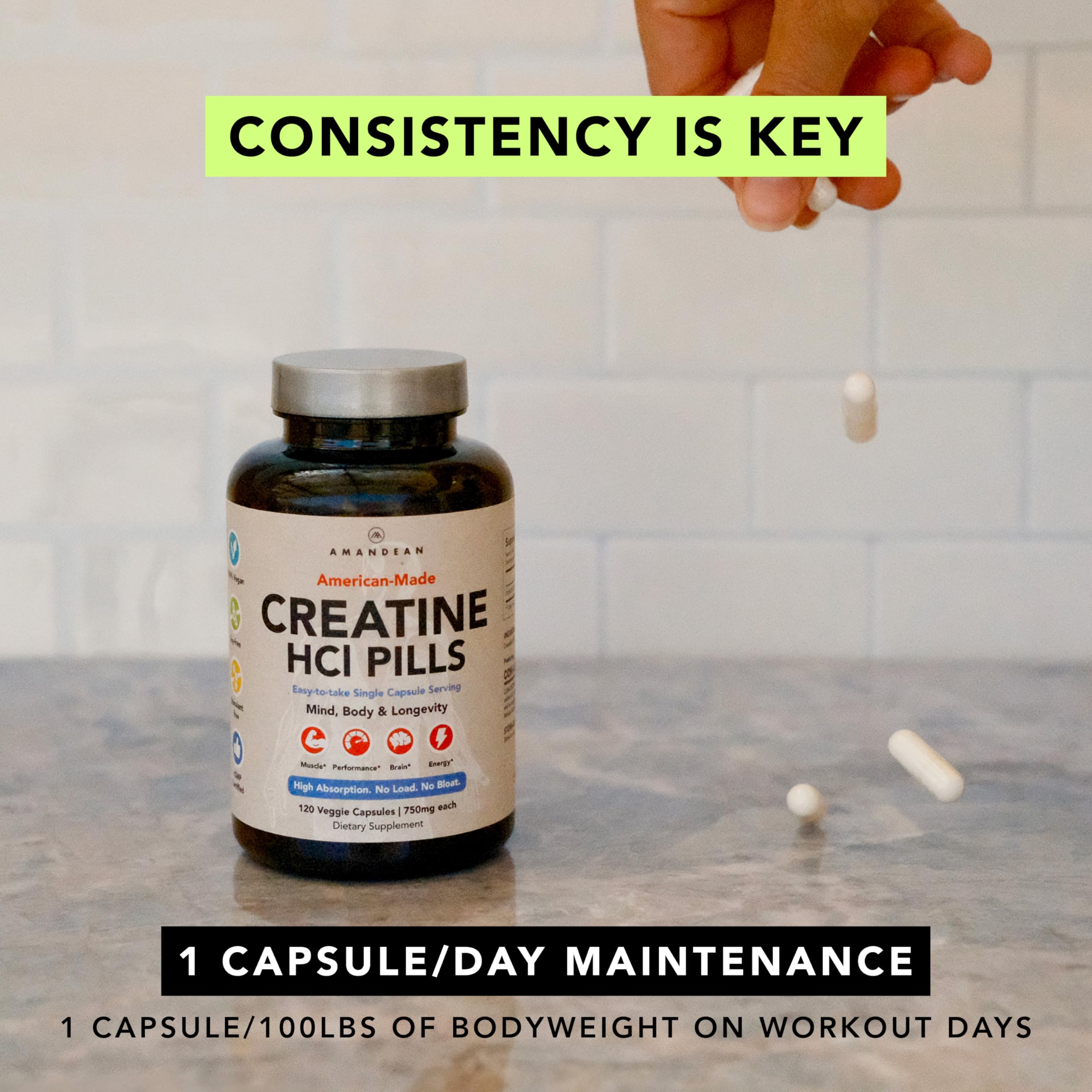 AMANDEAN Creatine HCl box displays 7x concentration badge.