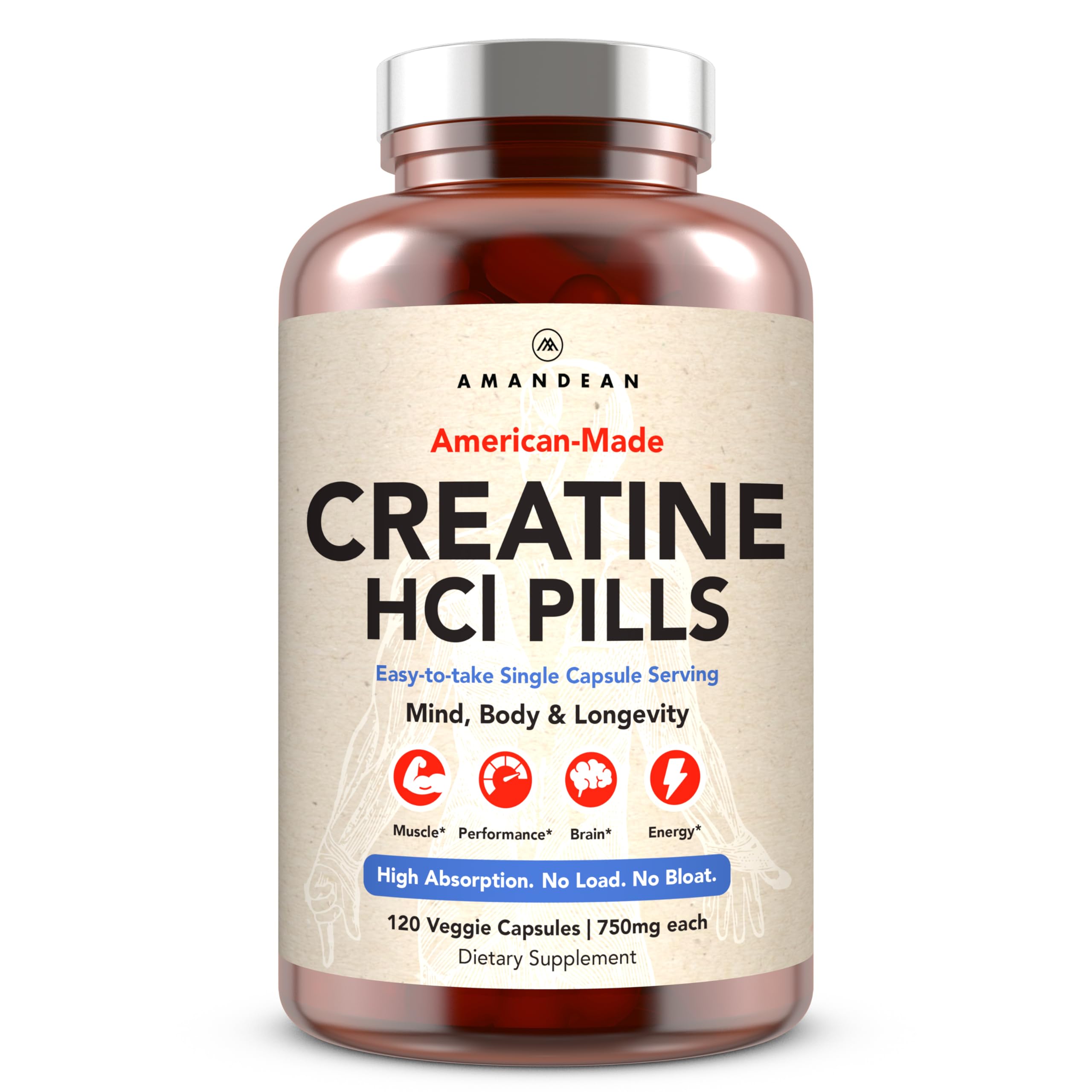 AMANDEAN Creatine HCl pills bottle front showcasing American-made quality for clean energy.