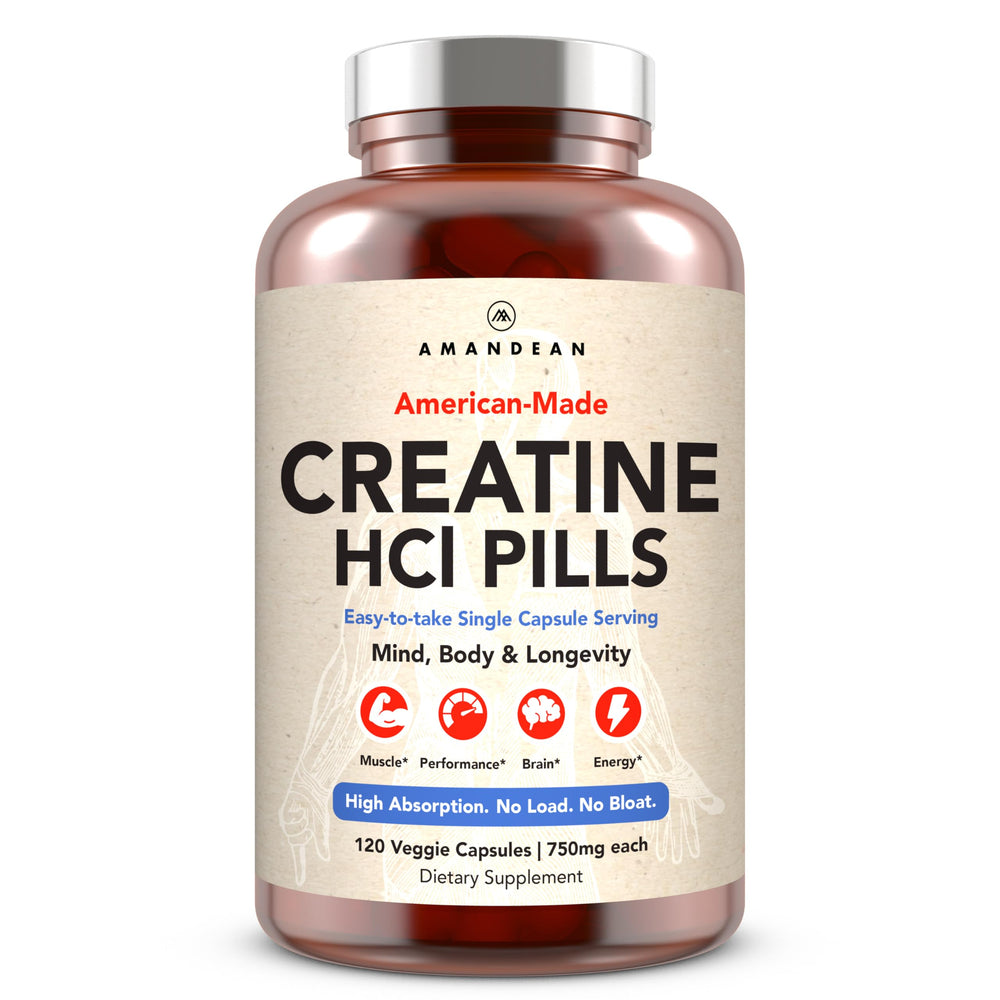 AMANDEAN Creatine HCl pills bottle front showcasing American-made quality for clean energy.