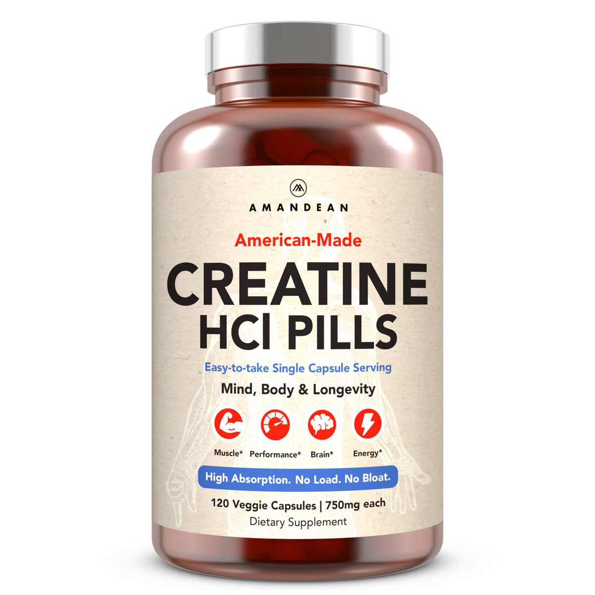 AMANDEAN Creatine HCl pills bottle front showcasing American-made quality for clean energy.