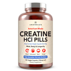 AMANDEAN Creatine HCl pills bottle front showcasing American-made quality for clean energy.