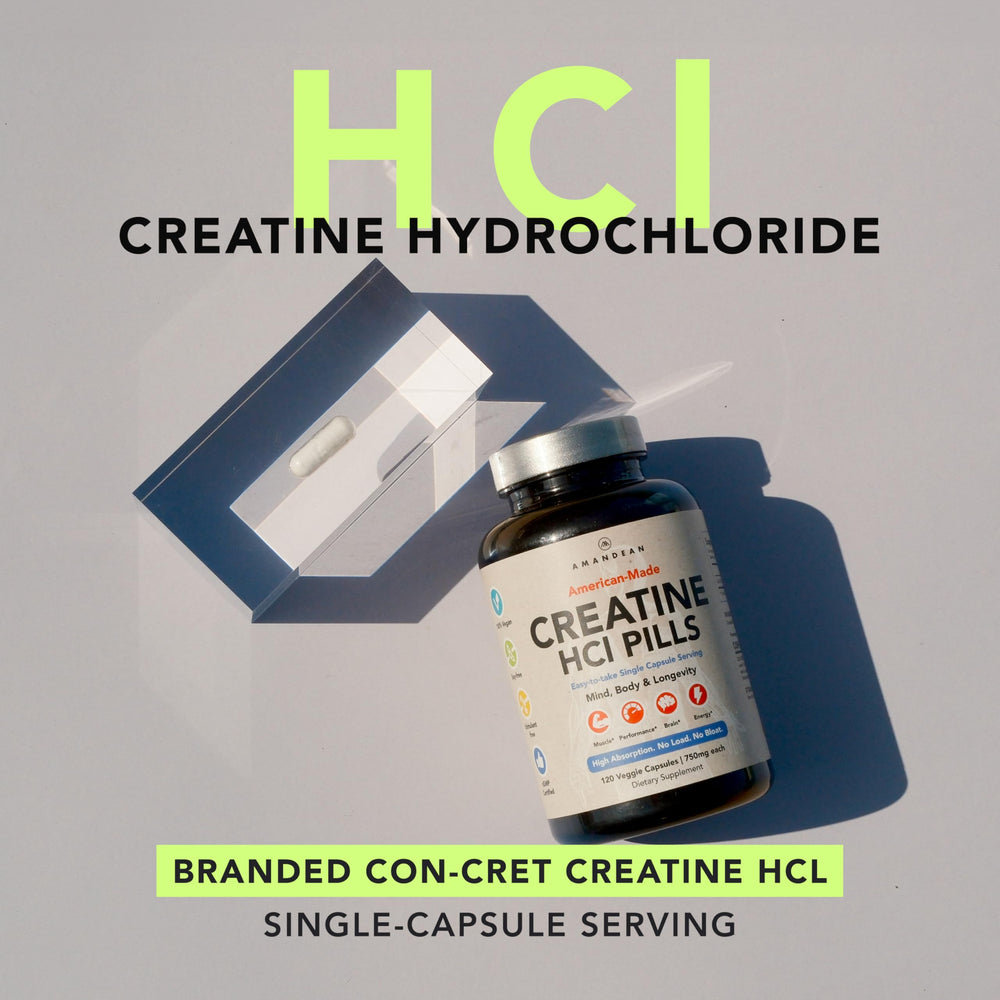 AMANDEAN Creatine HCl pills label highlighting gluten-free and non-GMO formula.