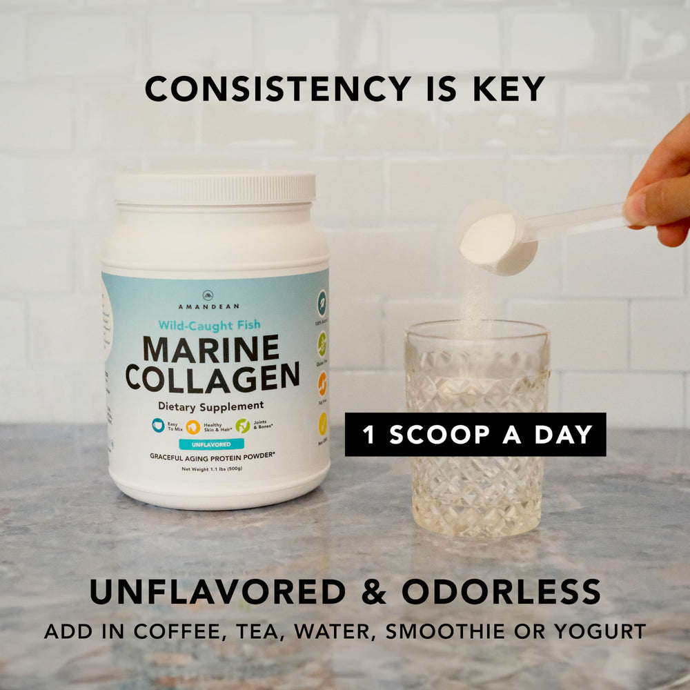 AMANDEAN label highlights Type 1 & 3 collagen and ingredients