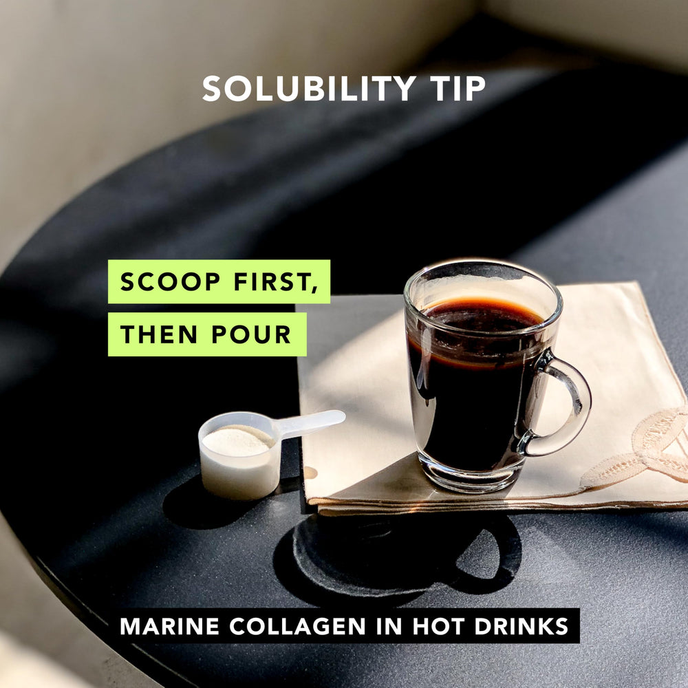 AMANDEAN Marine Collagen jar beside water for easy mixing