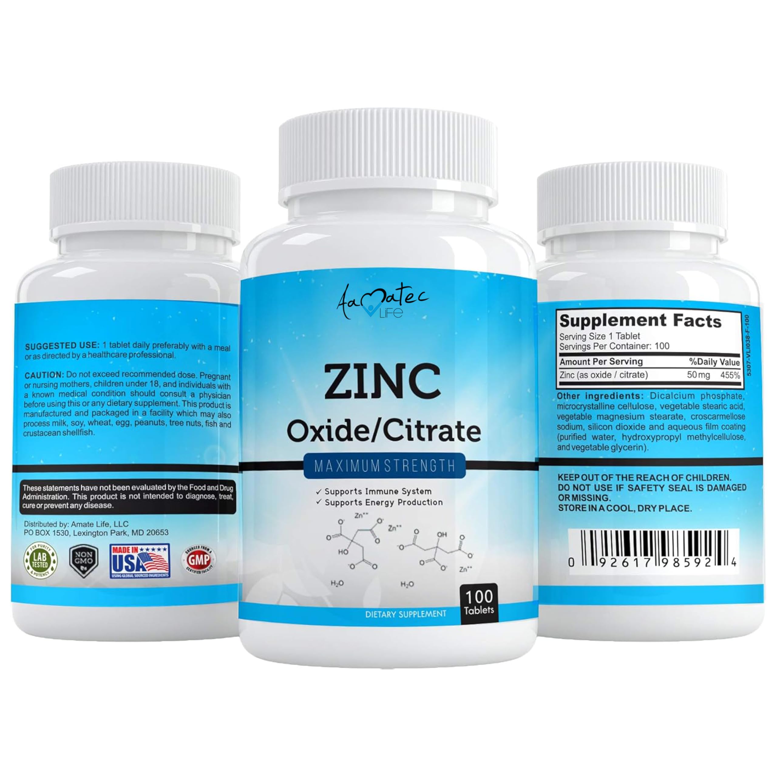 Amate Life vegan zinc pill 50 mg packaging for plant-based use