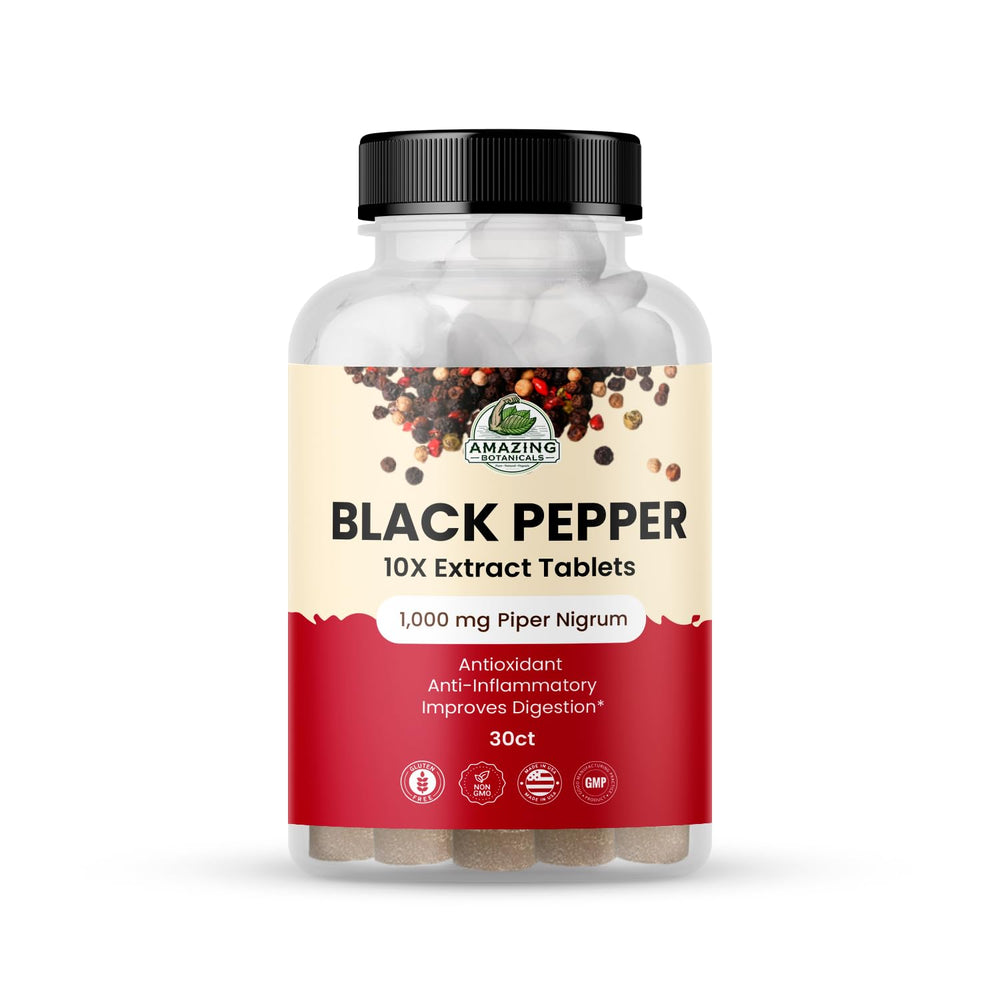 Amazing Botanicals Black Pepper 10X tablets bottle front highlighting potent antioxidant support.