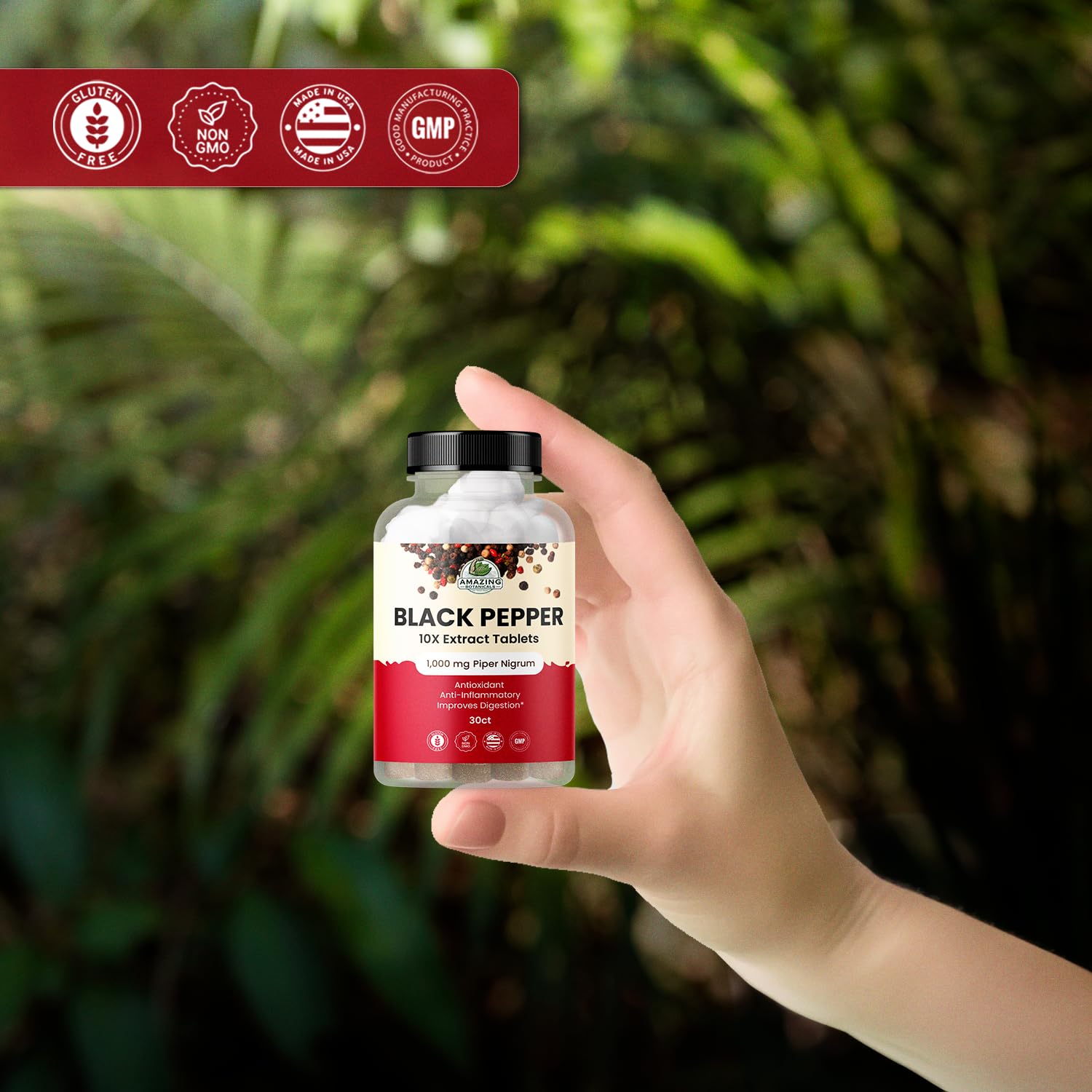 Lifestyle usage scene of daily supplement routine with black pepper tablets.