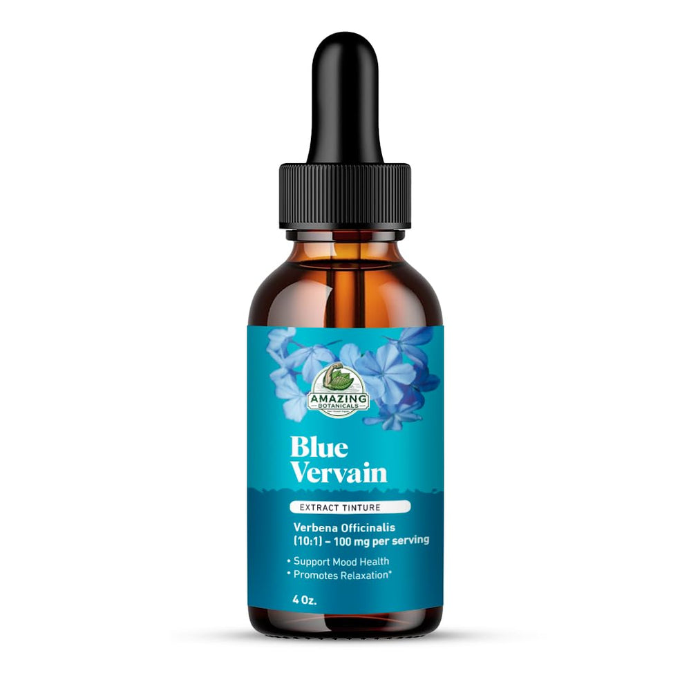 Amazing Botanicals Blue Vervain 10X tincture bottle promotes calm, balanced mood, and nervous system support