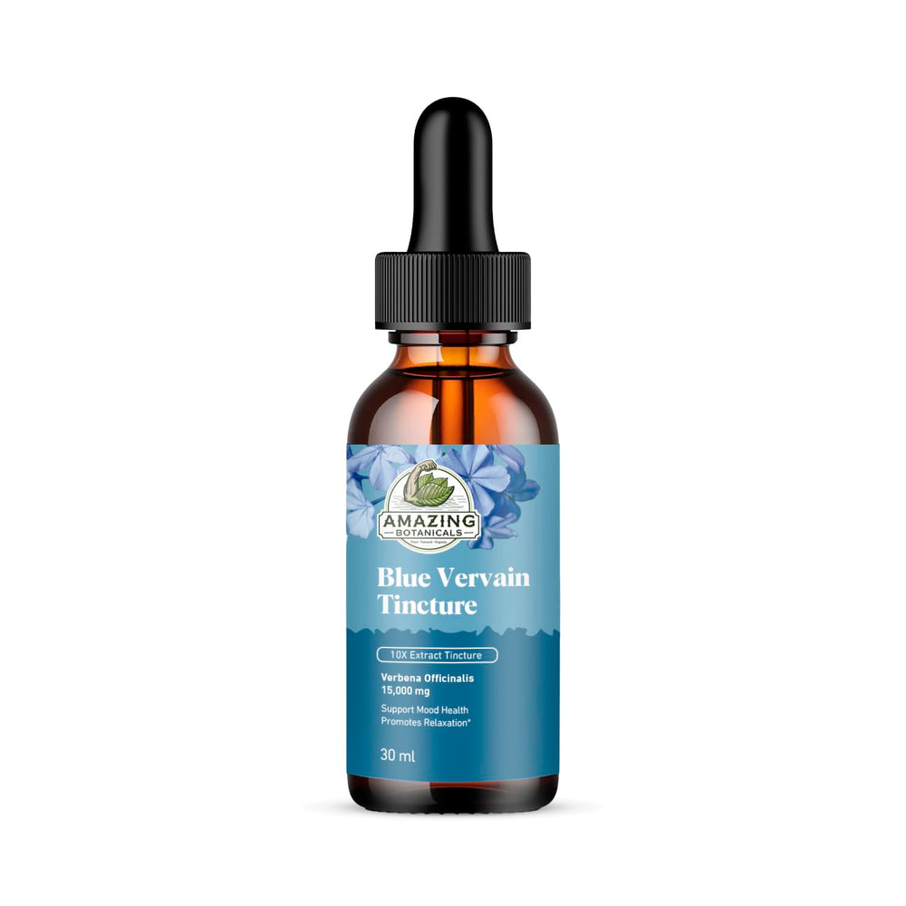 Amazing Botanicals Blue Vervain tincture bottle with dropper supports mood balance and relaxation.