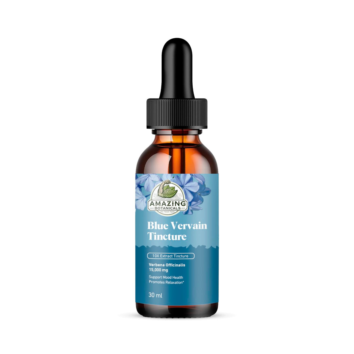 Amazing Botanicals Blue Vervain tincture bottle with dropper supports mood balance and relaxation.