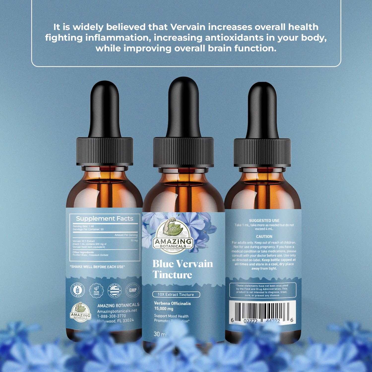Amazing Botanicals Blue Vervain tincture dropper provides precise daily dosing for calm.