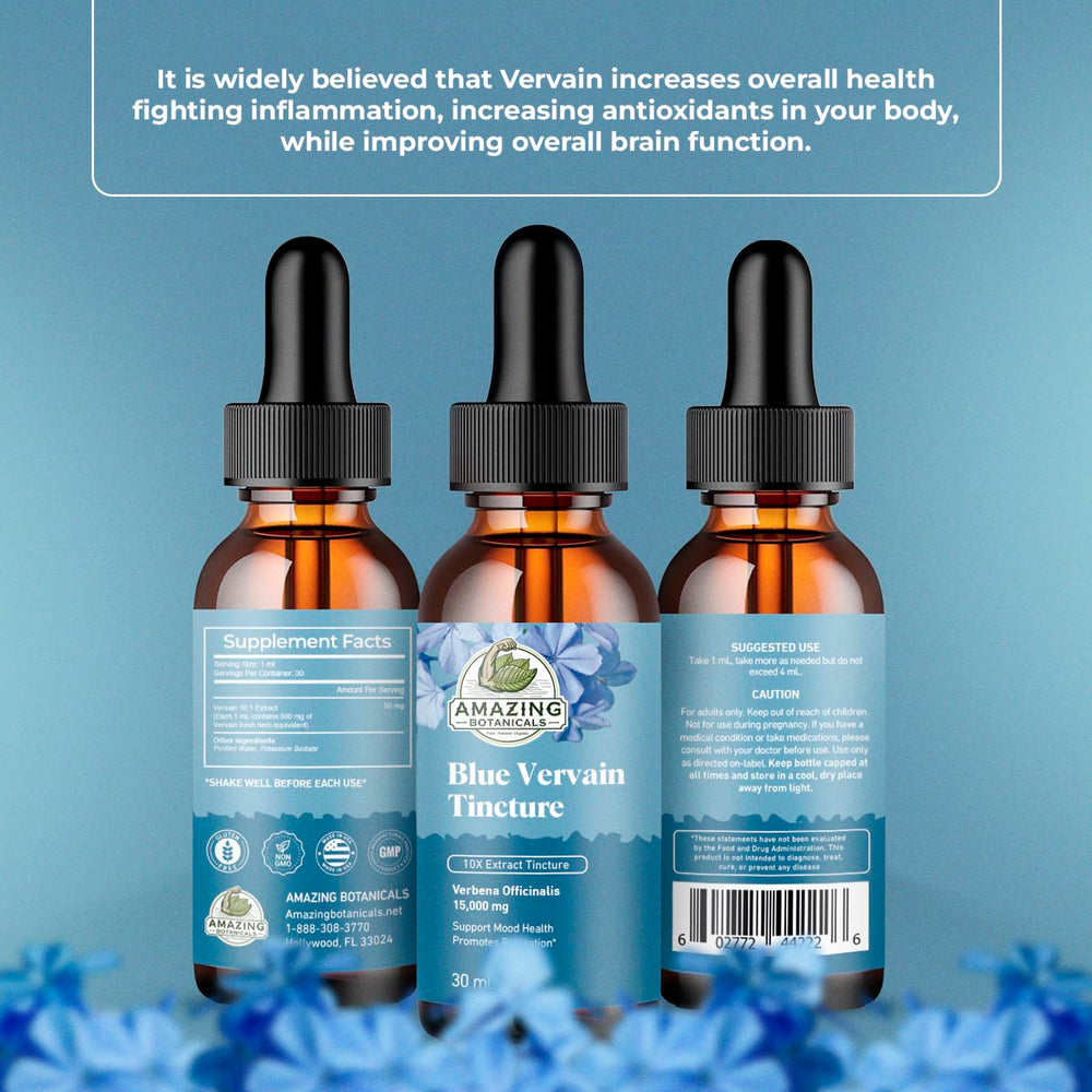 Amazing Botanicals Blue Vervain tincture dropper provides precise daily dosing for calm.