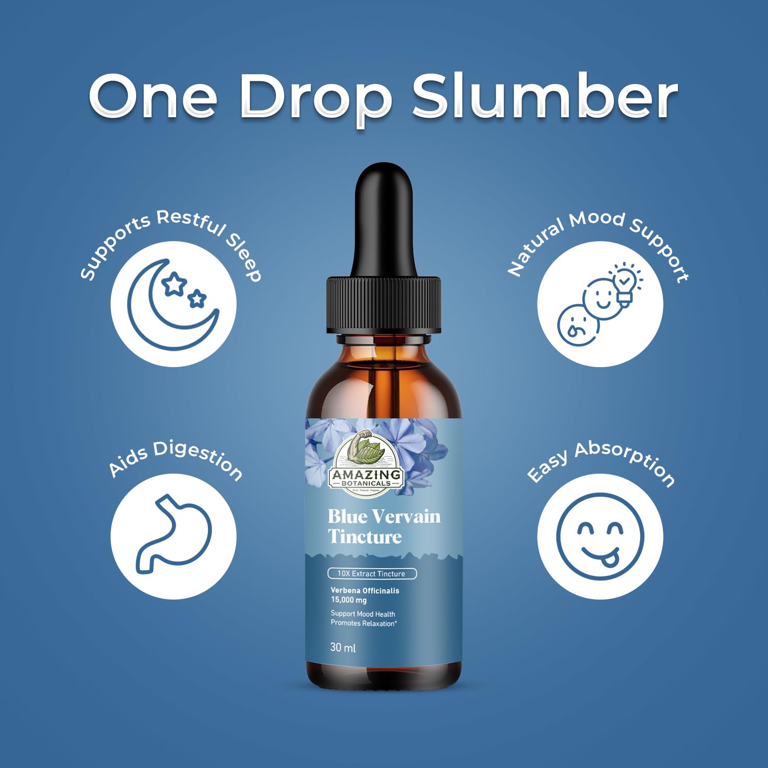 Amazing Botanicals Blue Vervain tincture glass bottle on wood evokes natural wellness.