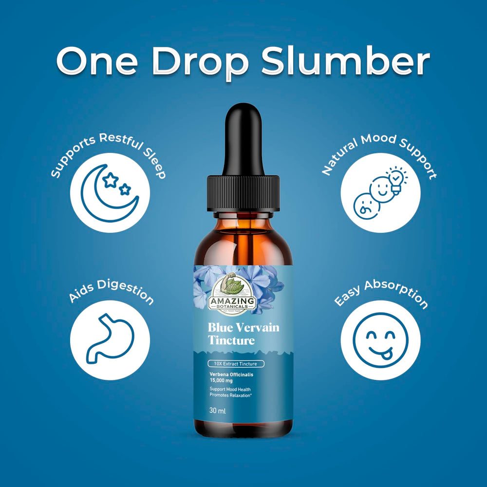 Amazing Botanicals Blue Vervain tincture glass bottle on wood evokes natural wellness.